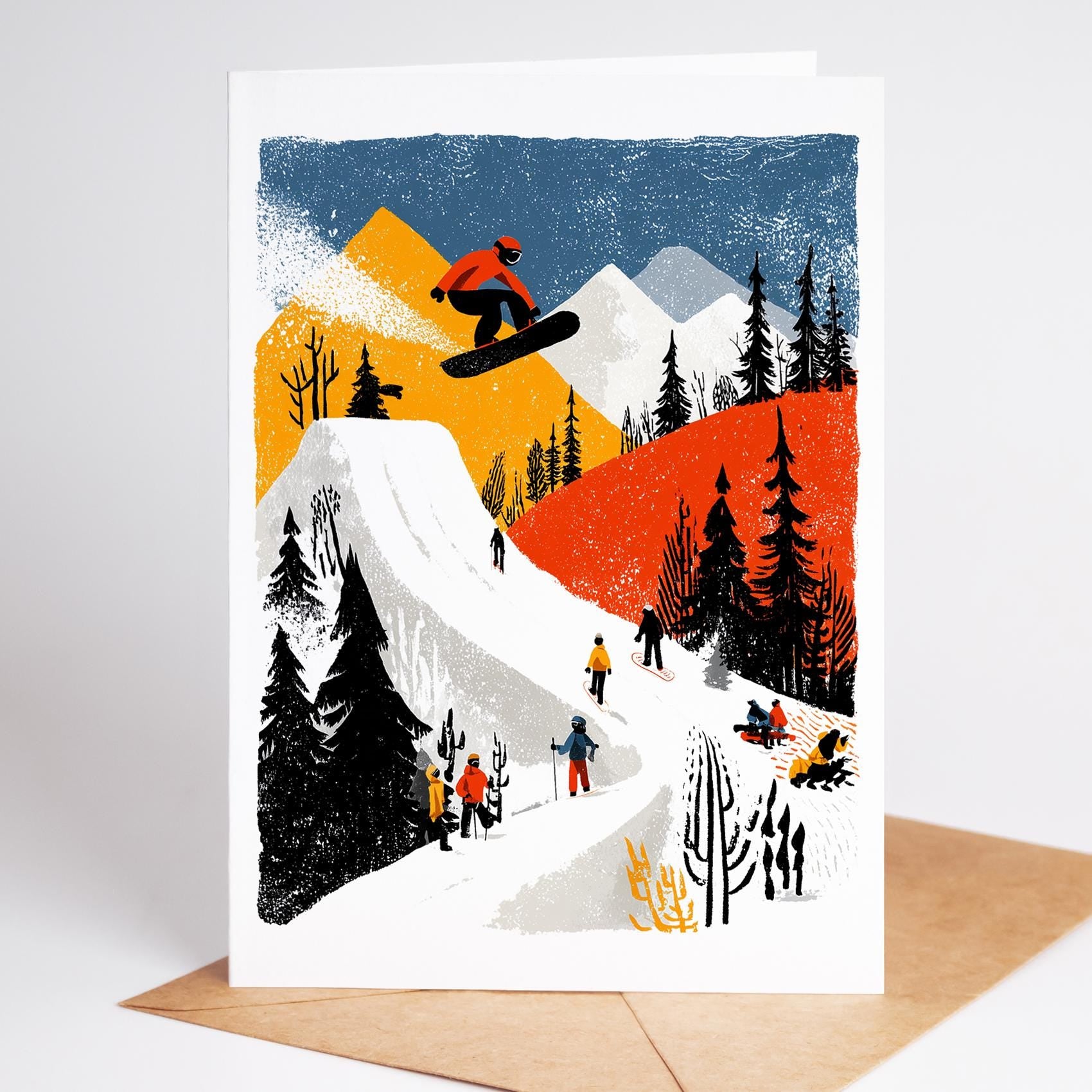 Snowboarding folk-art greeting card, blank inside
