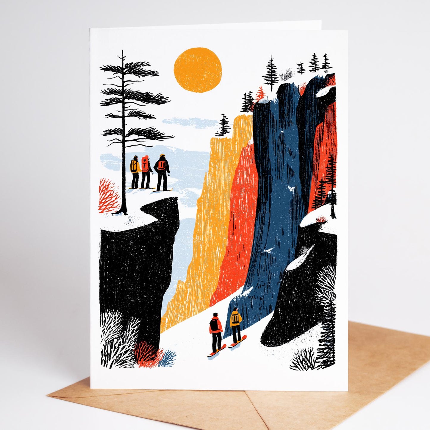 Snowboarding folk-art greeting card, blank inside