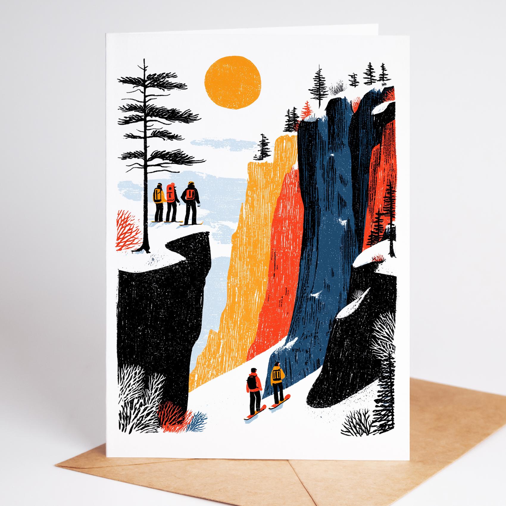 Snowboarding folk-art greeting card, blank inside