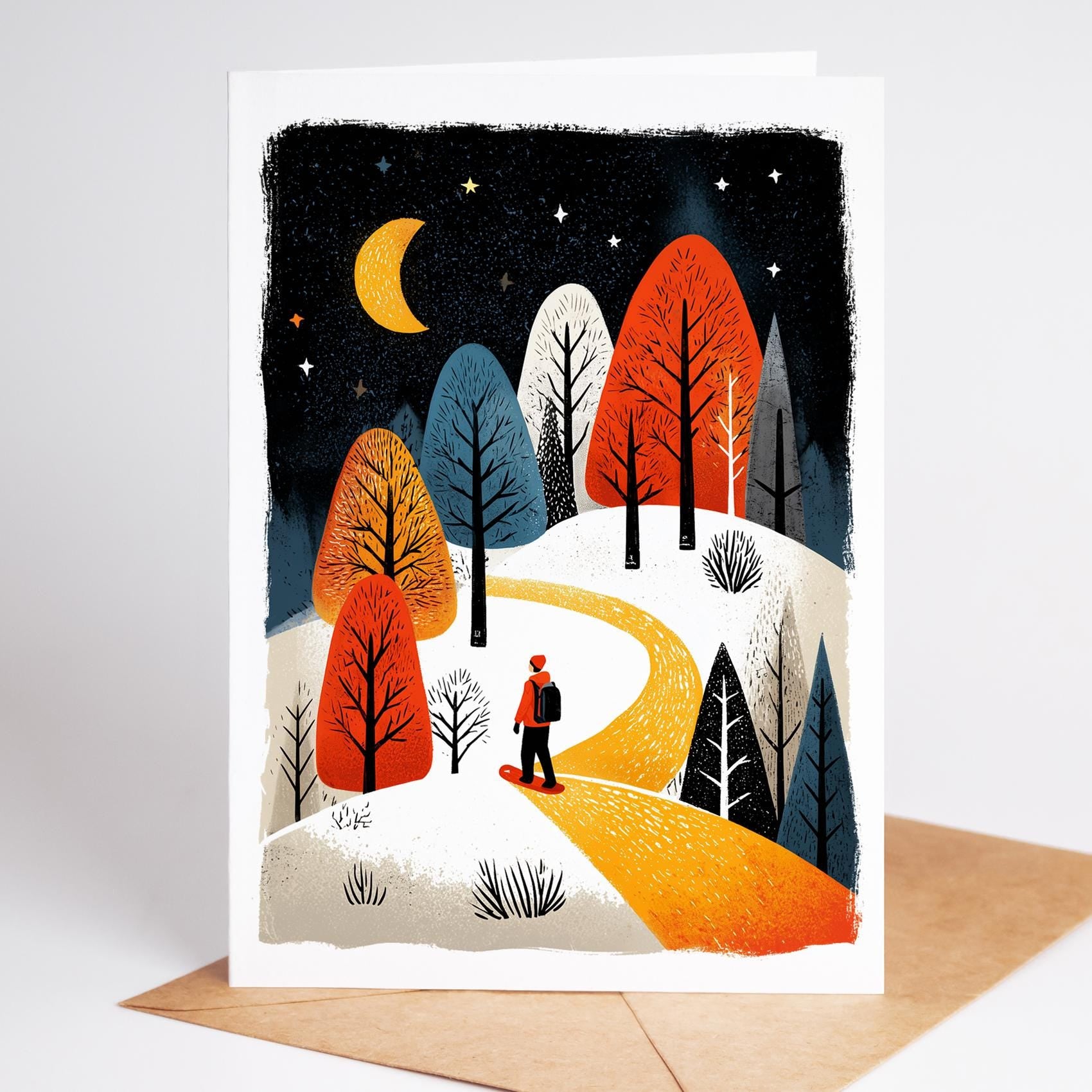 Snowboarding folk-art greeting card, blank inside