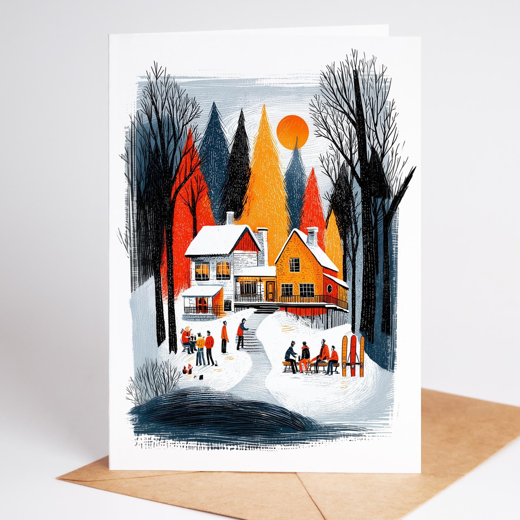 Snowboarding folk-art greeting card, blank inside