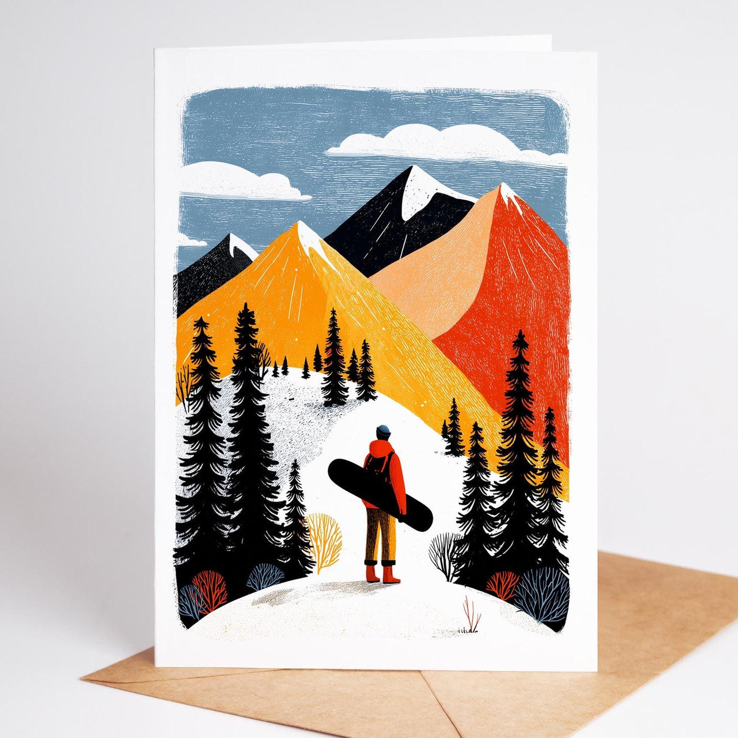 Snowboarding folk-art greeting card, blank inside