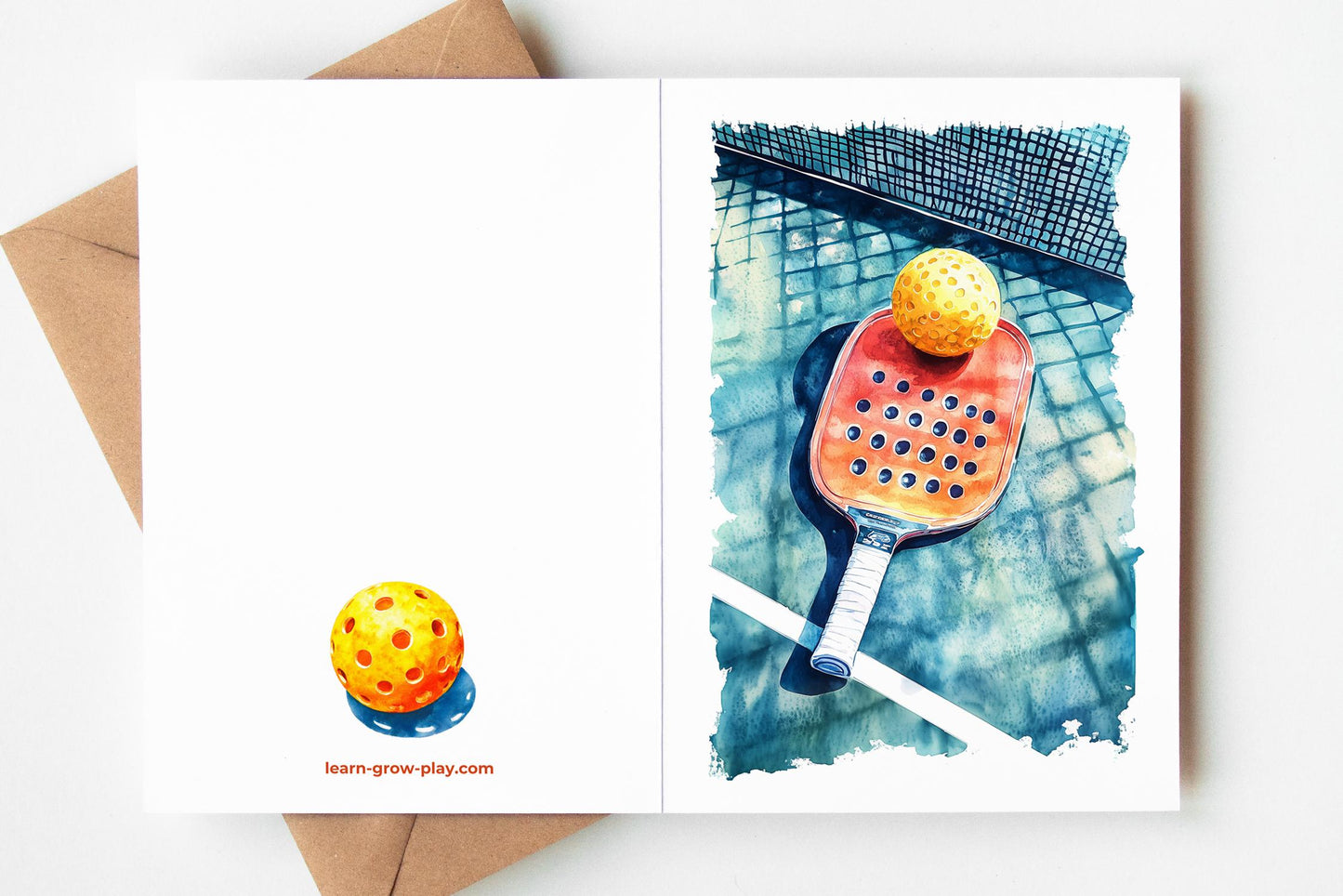 Watercolor Pickleball folk-art greeting card, blank inside