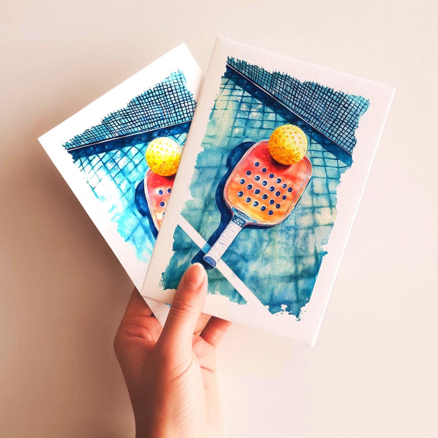 Watercolor Pickleball folk-art greeting card, blank inside