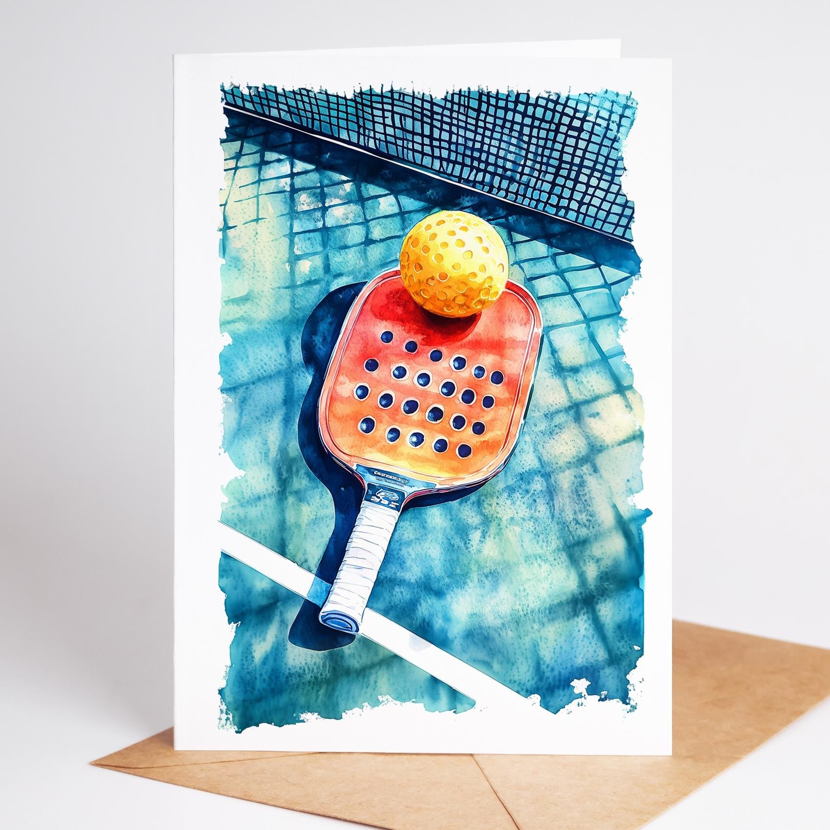 Watercolor Pickleball folk-art greeting card, blank inside