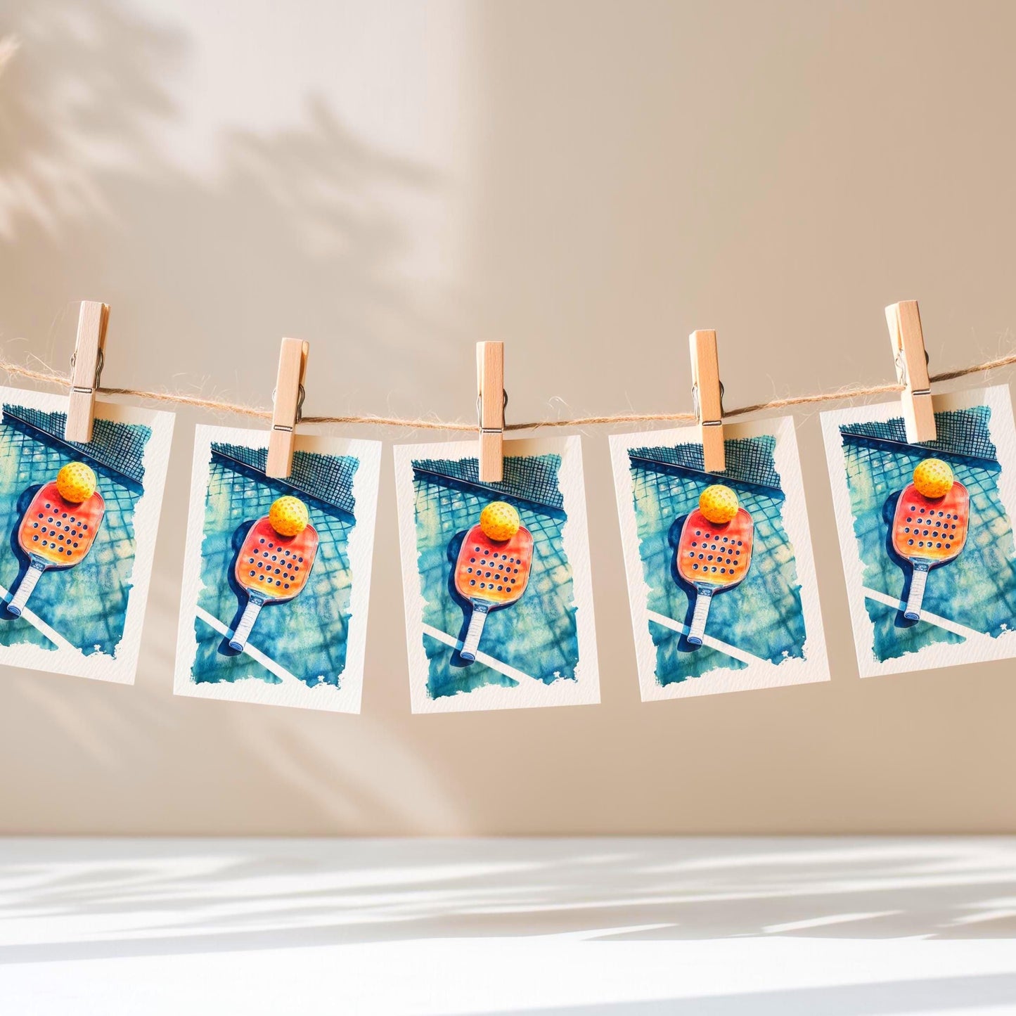 Watercolor Pickleball folk-art greeting card, blank inside