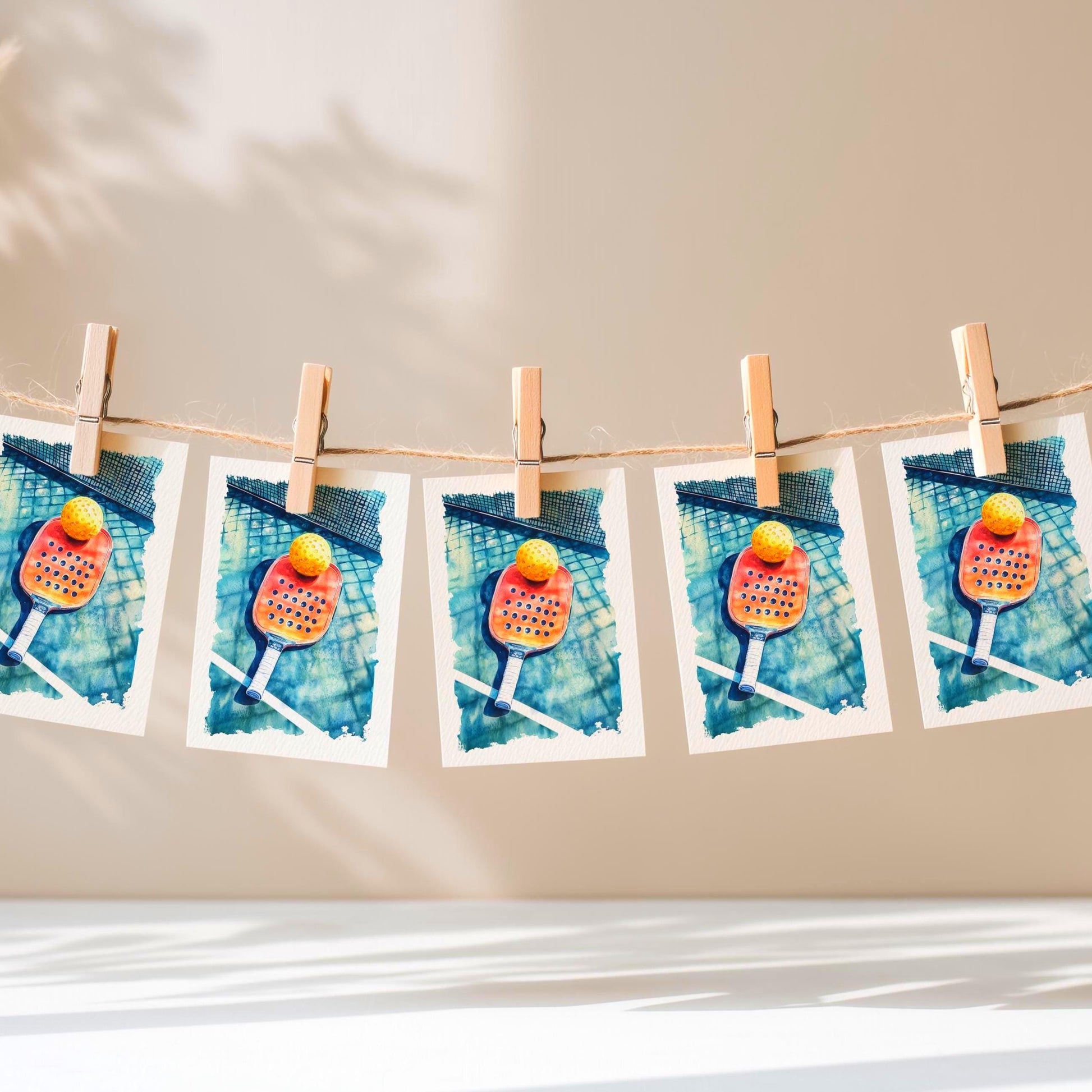 Watercolor Pickleball folk-art greeting card, blank inside