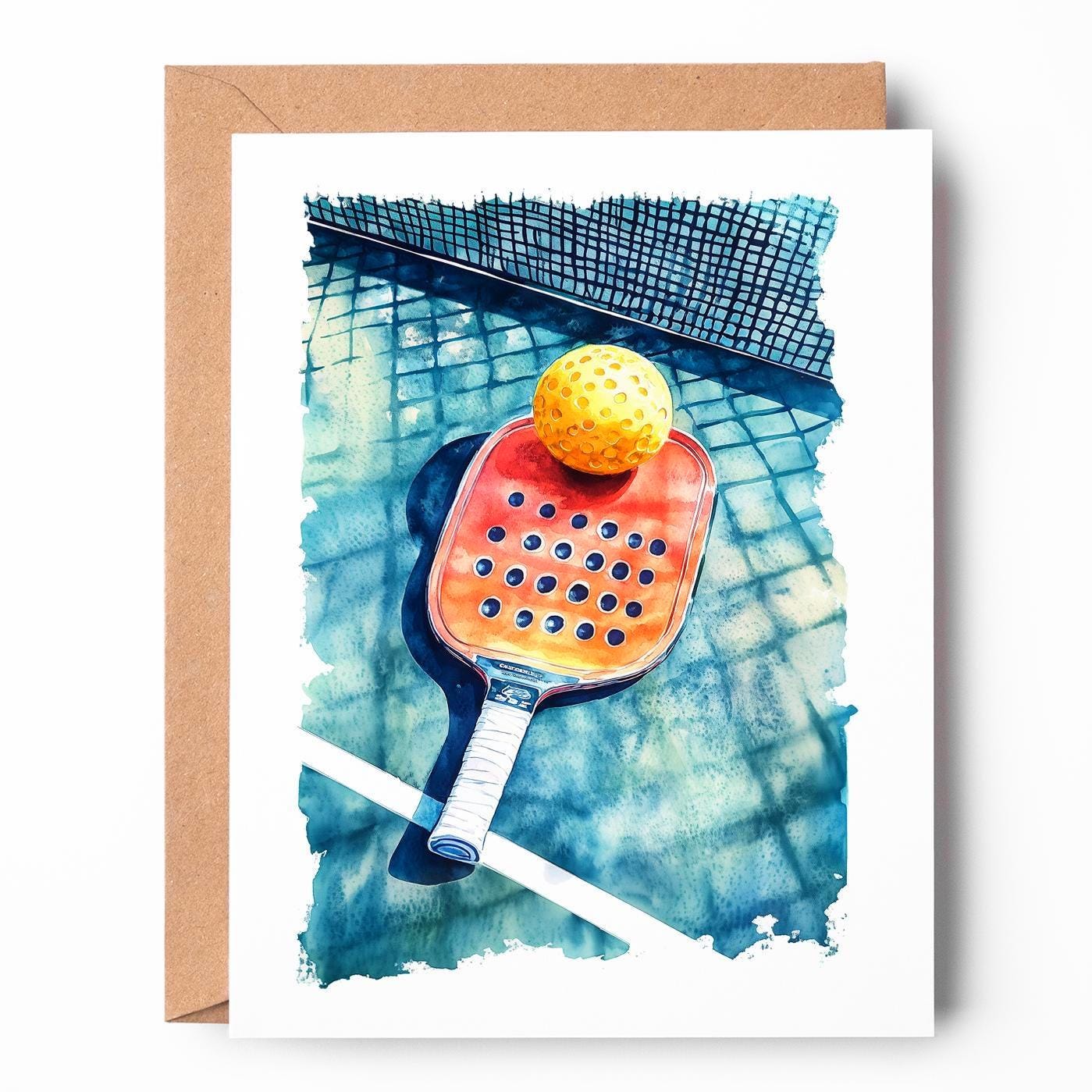 Watercolor Pickleball folk-art greeting card, blank inside