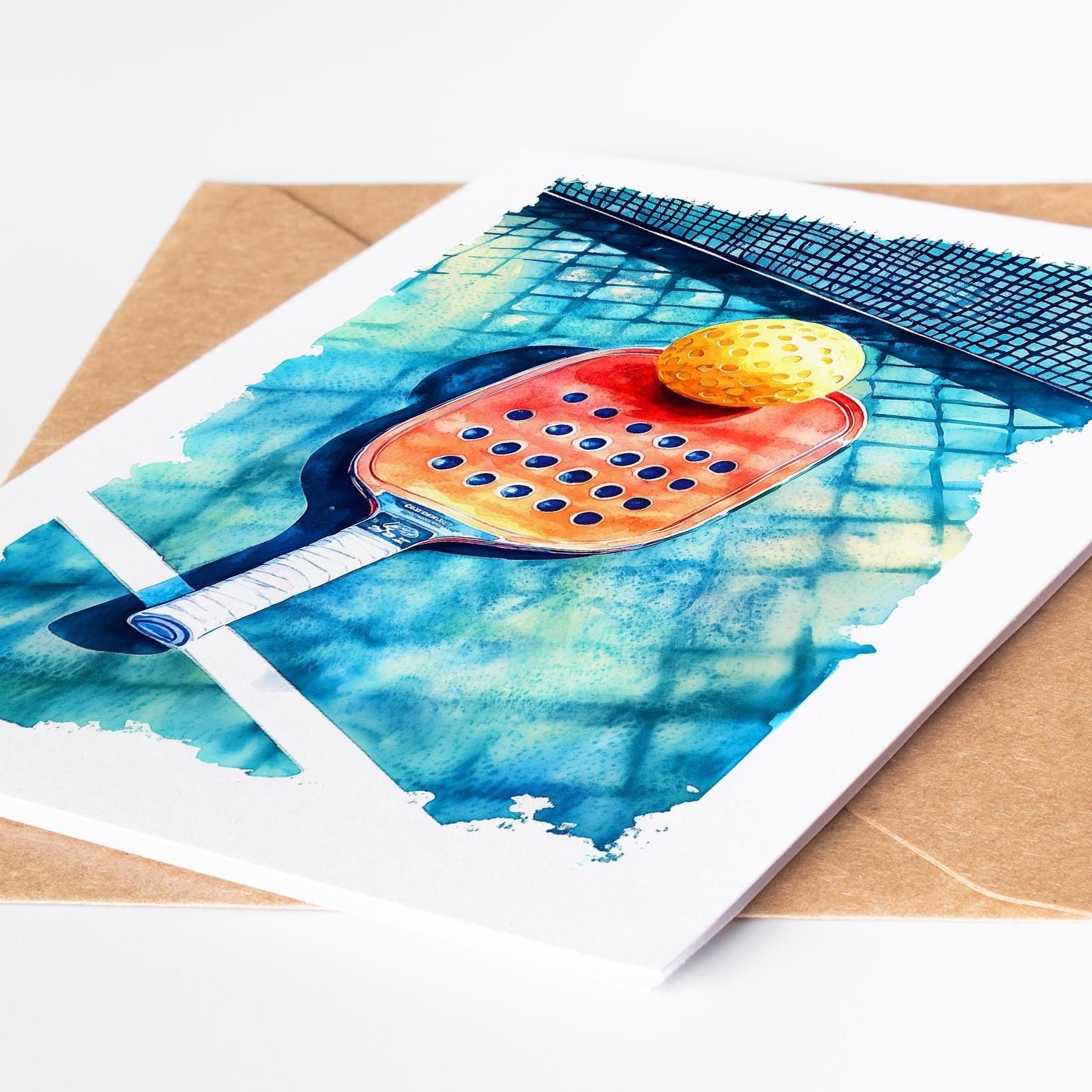 Watercolor Pickleball folk-art greeting card, blank inside