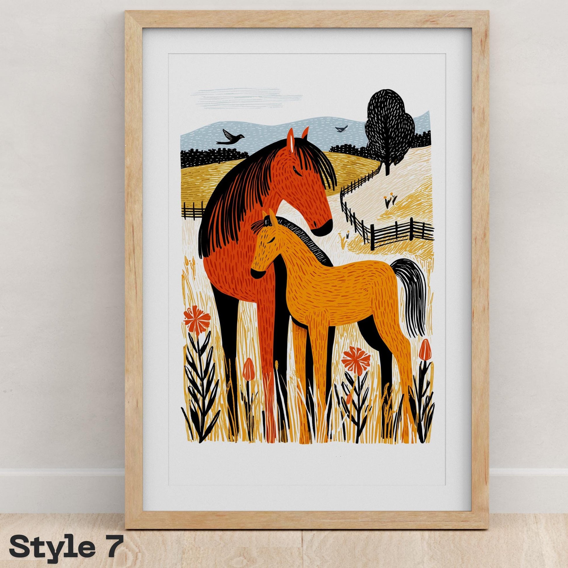 Equestrian Horse folk-art art print, blank inside