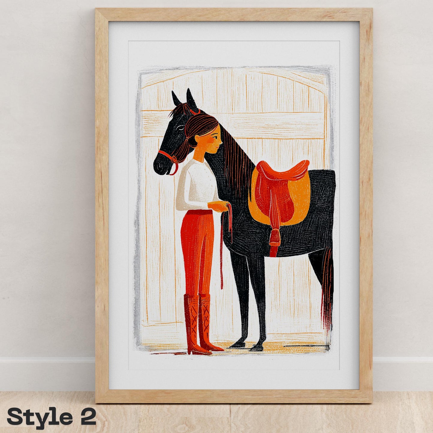 Equestrian Horse folk-art art print, blank inside