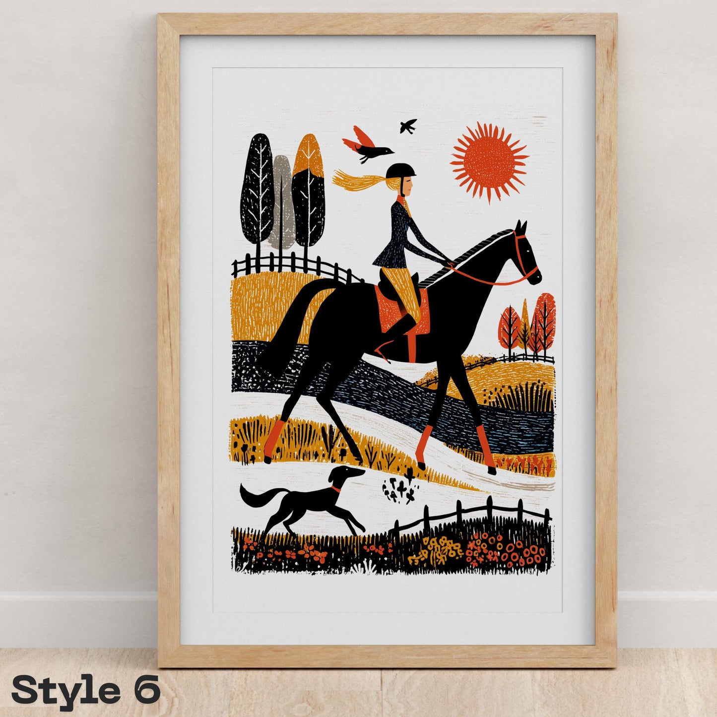 Equestrian Horse folk-art art print, blank inside