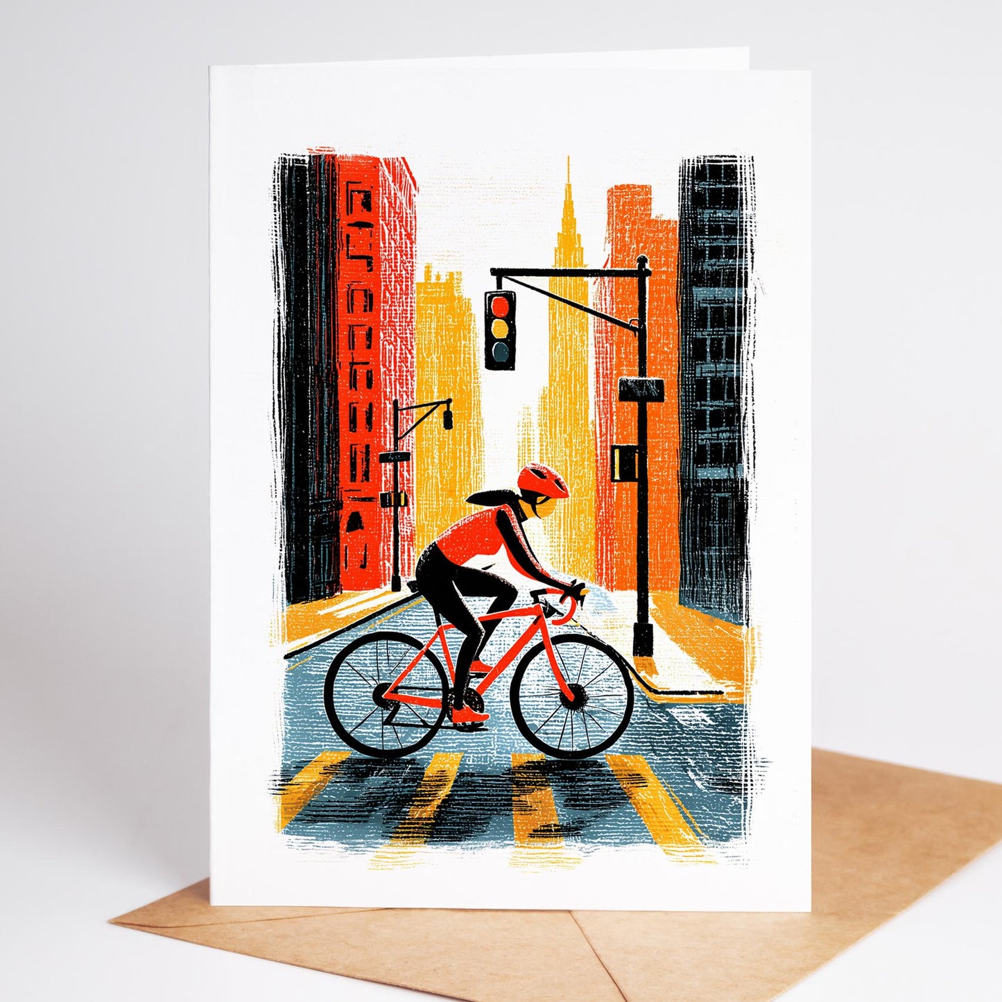 Cycling folk-art greeting card, blank inside