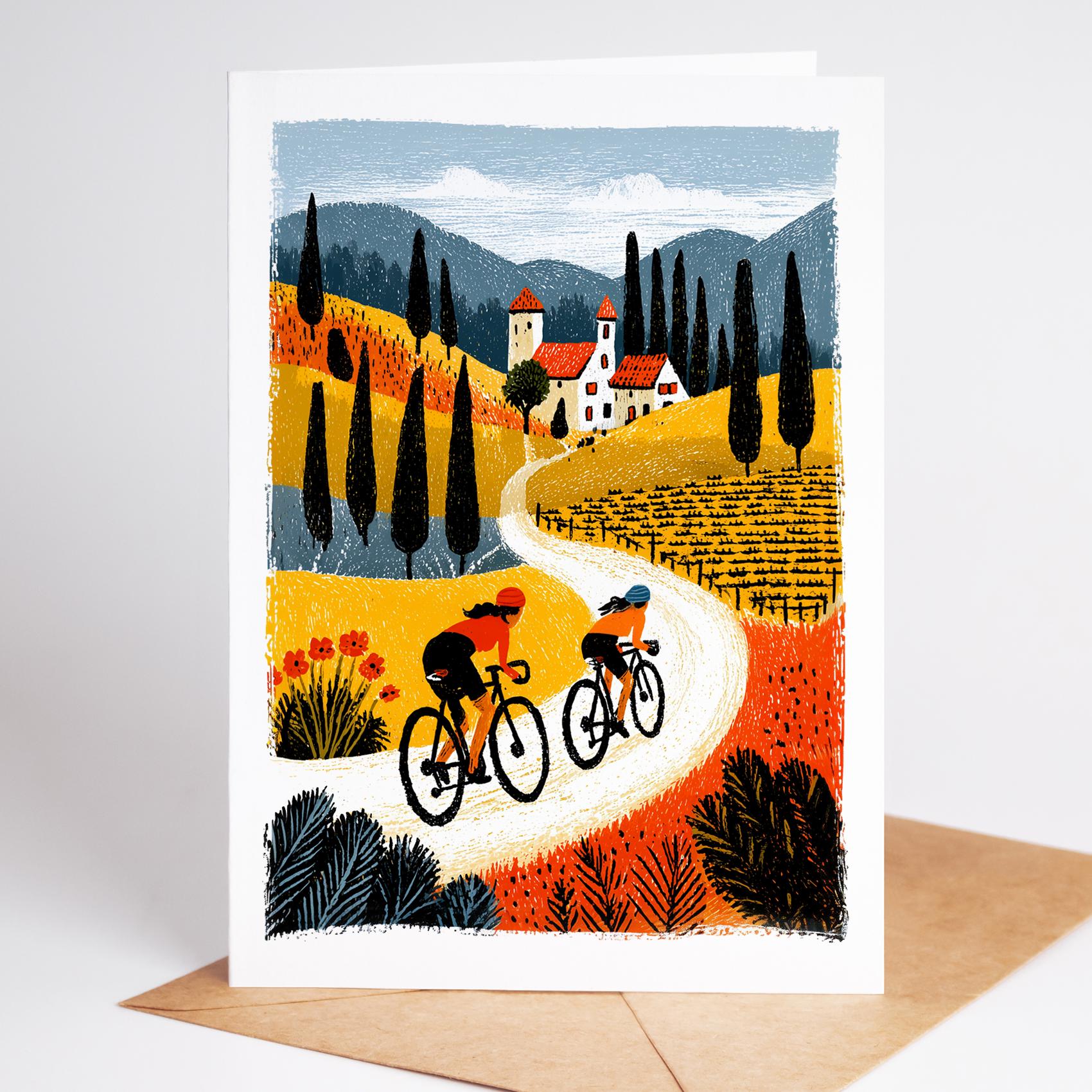 Cycling folk-art greeting card, blank inside