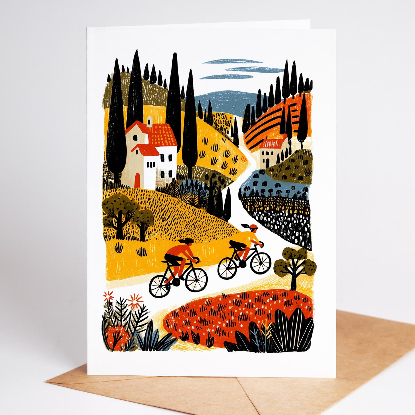Cycling folk-art greeting card, blank inside