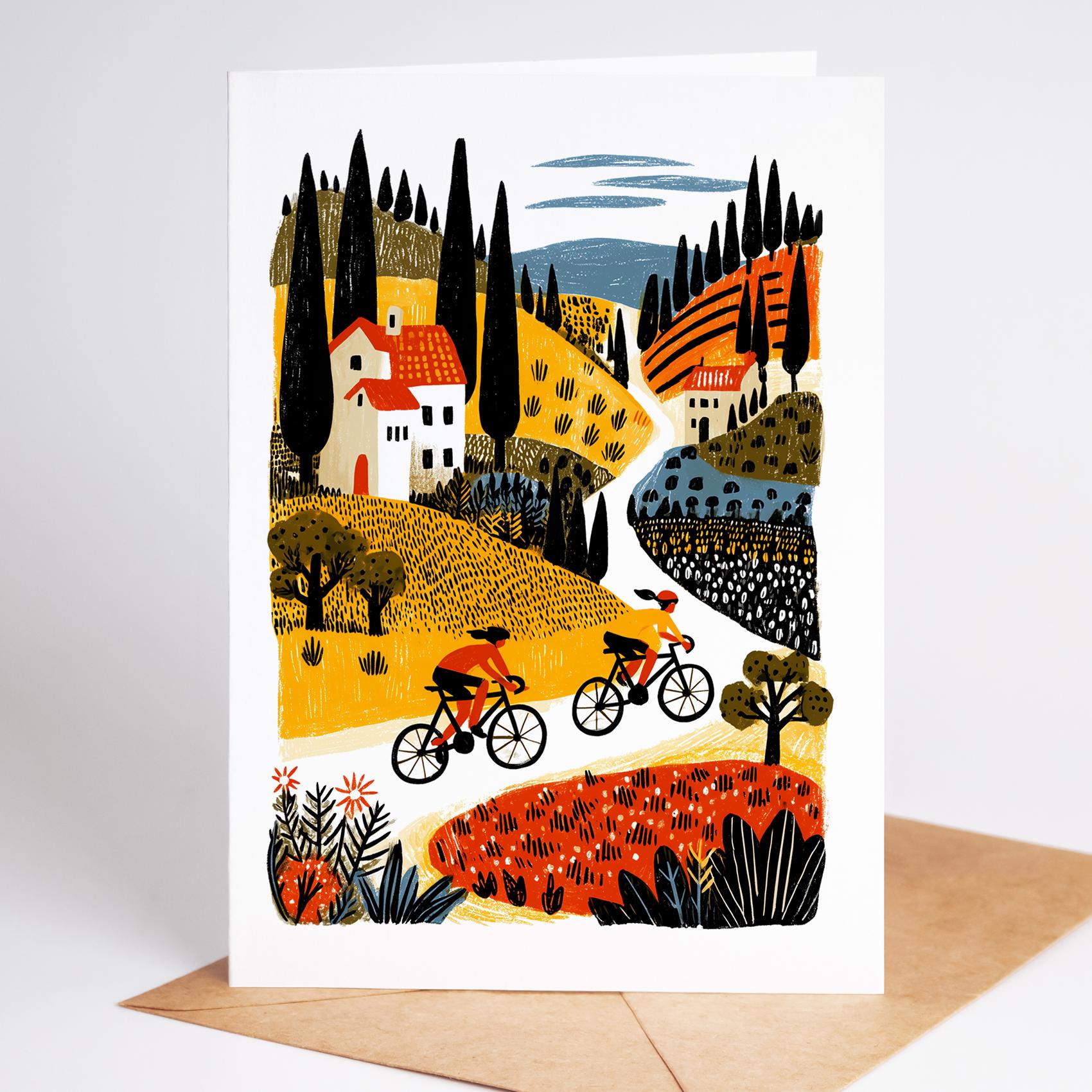Cycling folk-art greeting card, blank inside
