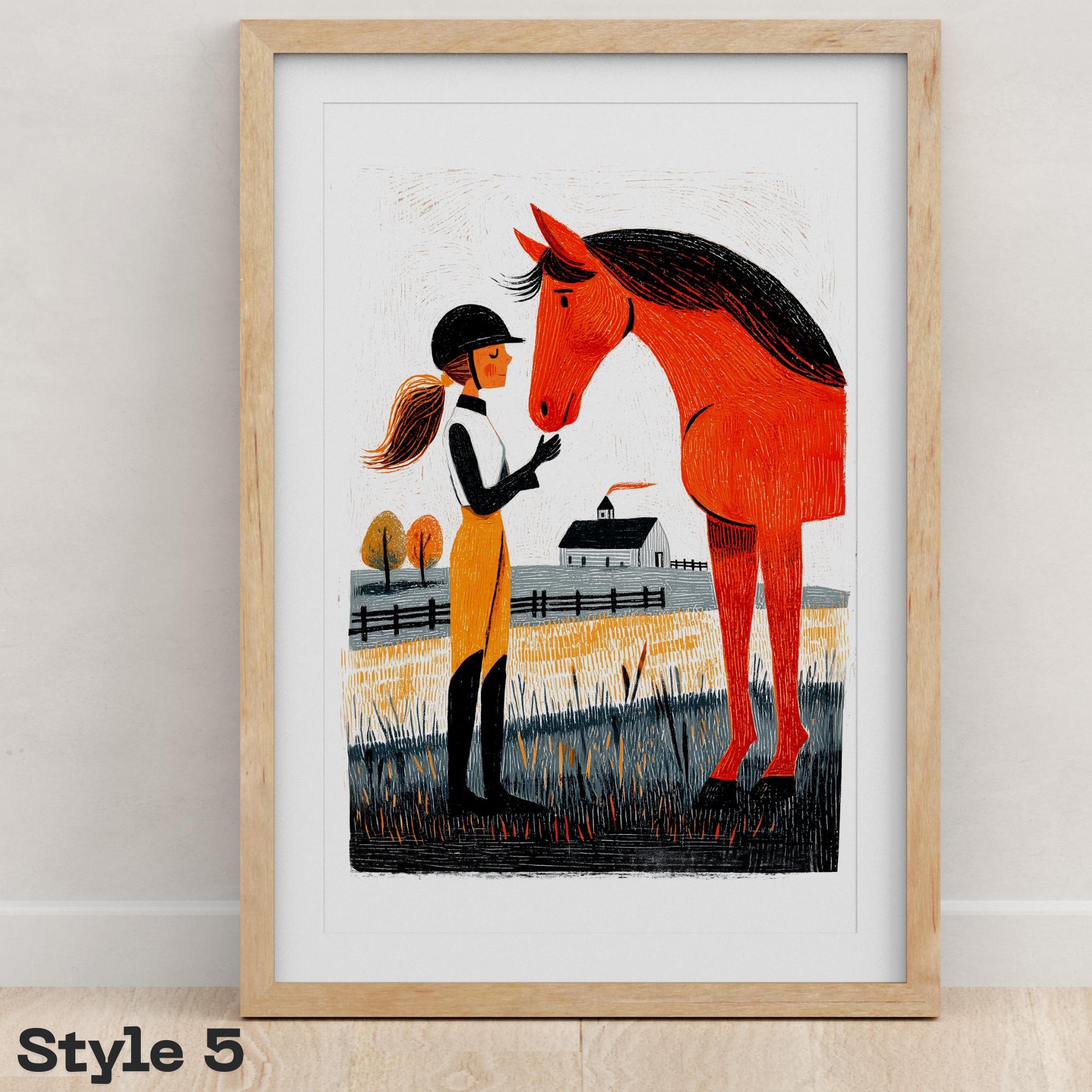Equestrian Horse folk-art art print, blank inside