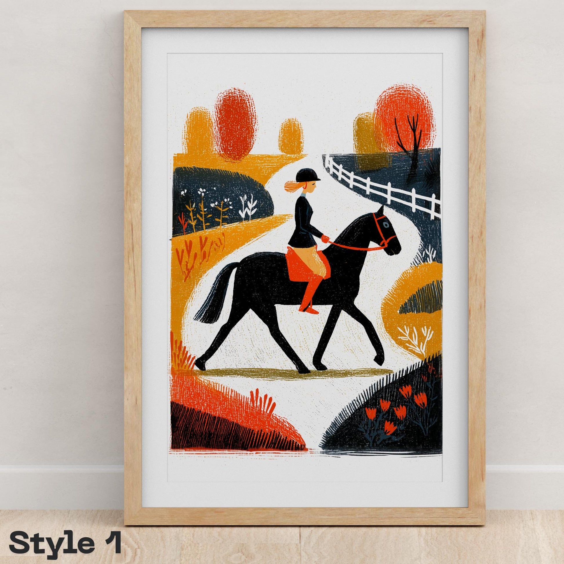 Equestrian Horse folk-art art print, blank inside