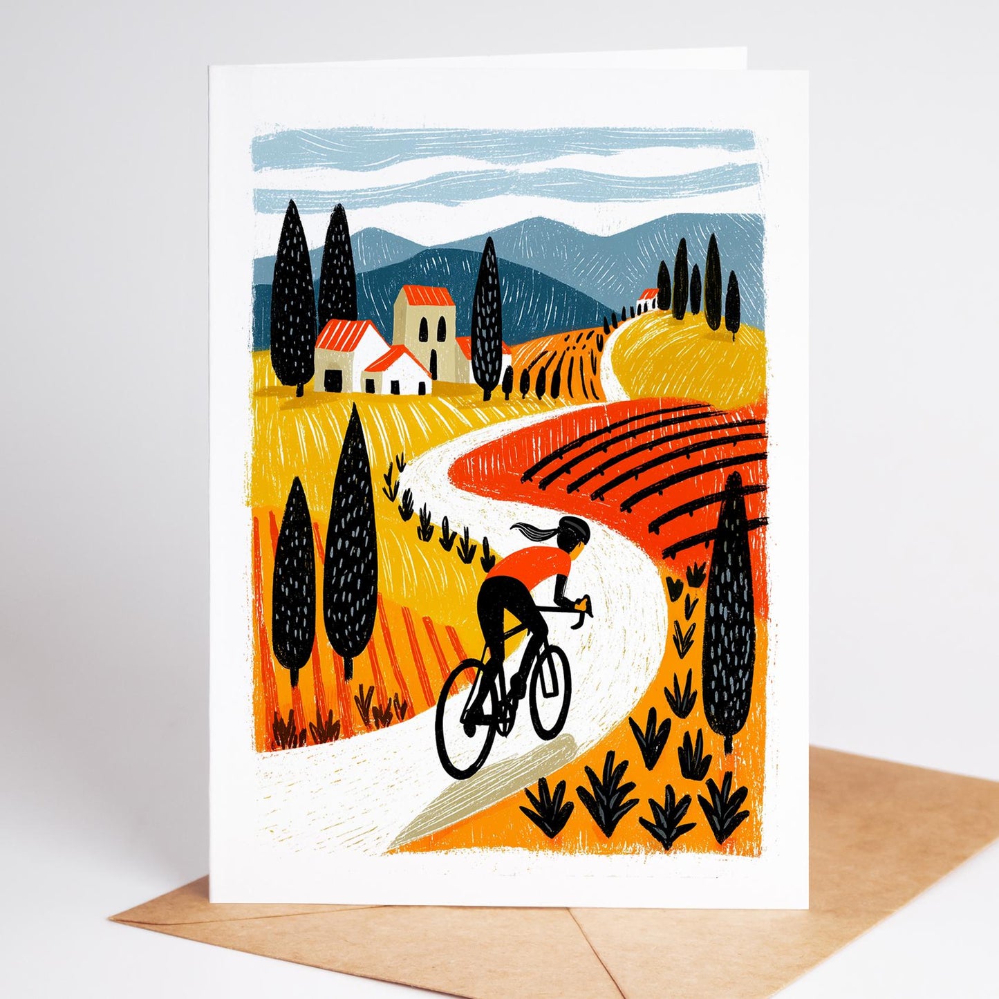 Cycling folk-art greeting card, blank inside
