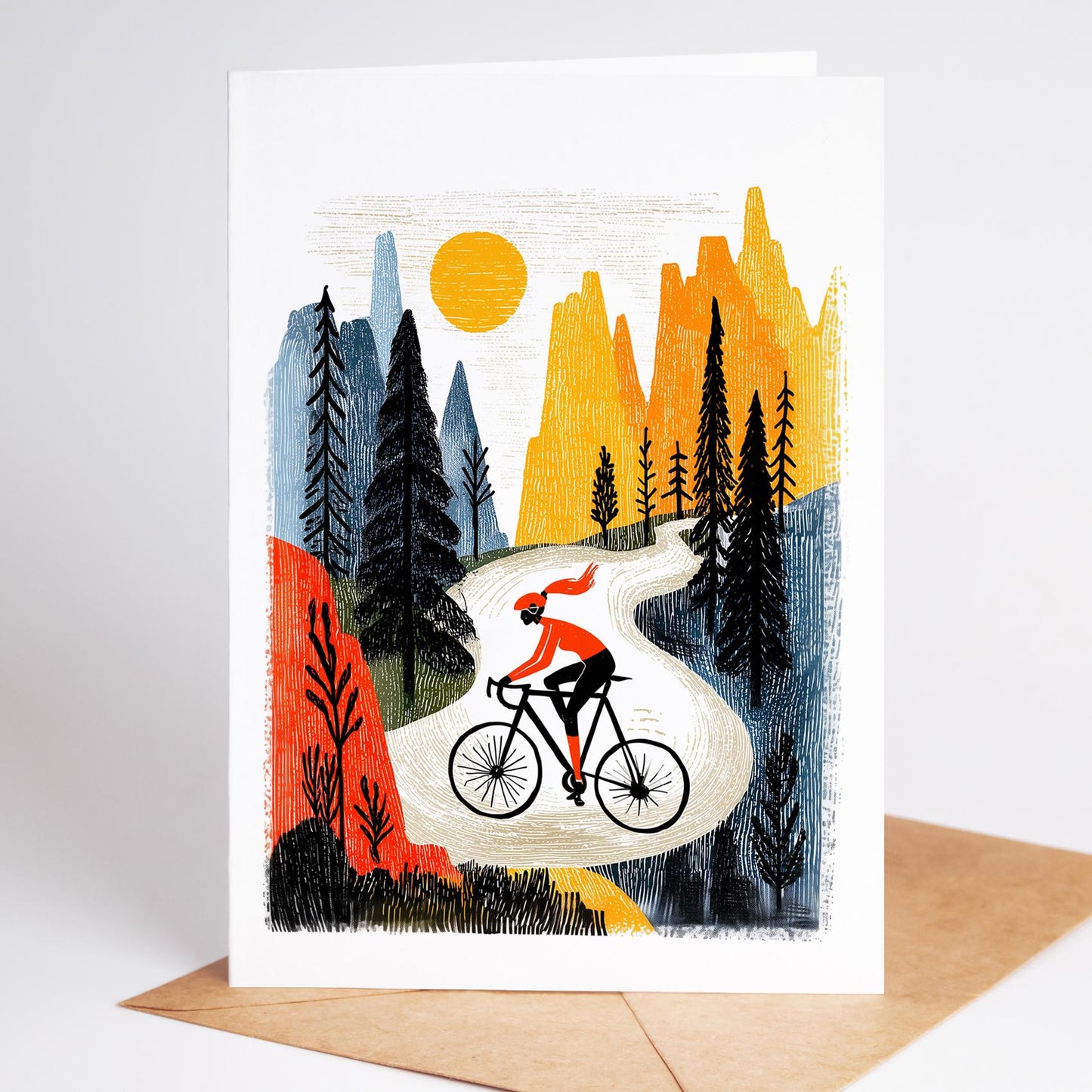 Cycling folk-art greeting card, blank inside