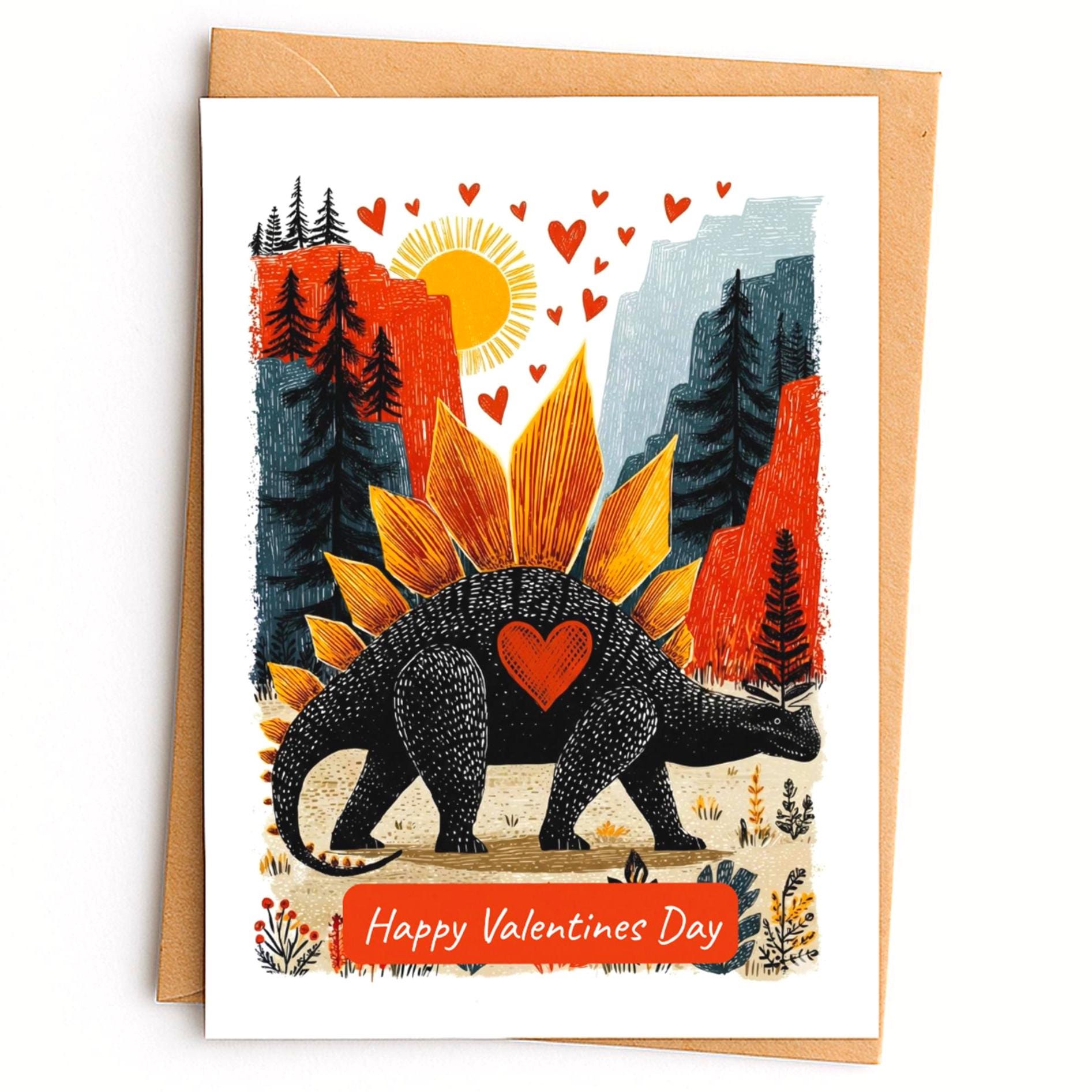 Dinosaur folk-art greeting card, blank inside