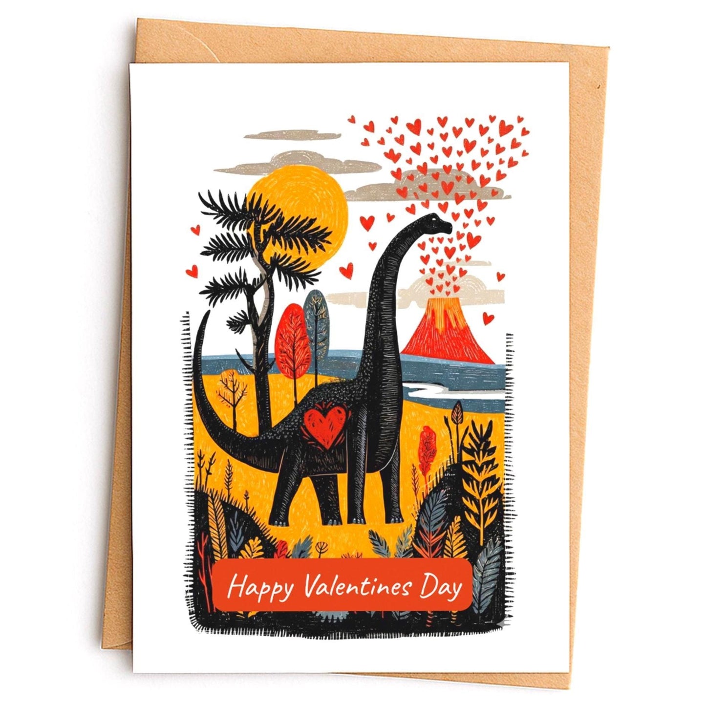 Dinosaur folk-art greeting card, blank inside