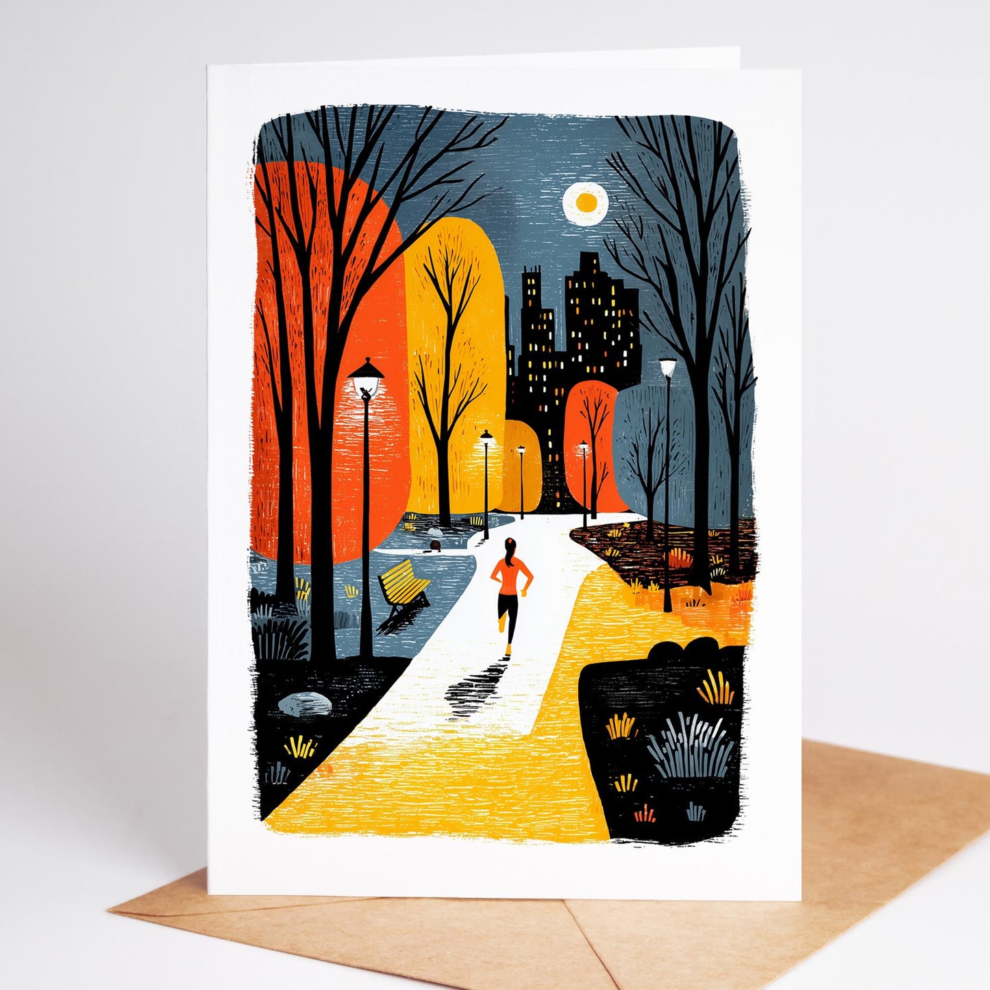 Female Runner folk-art greeting card, blank inside
