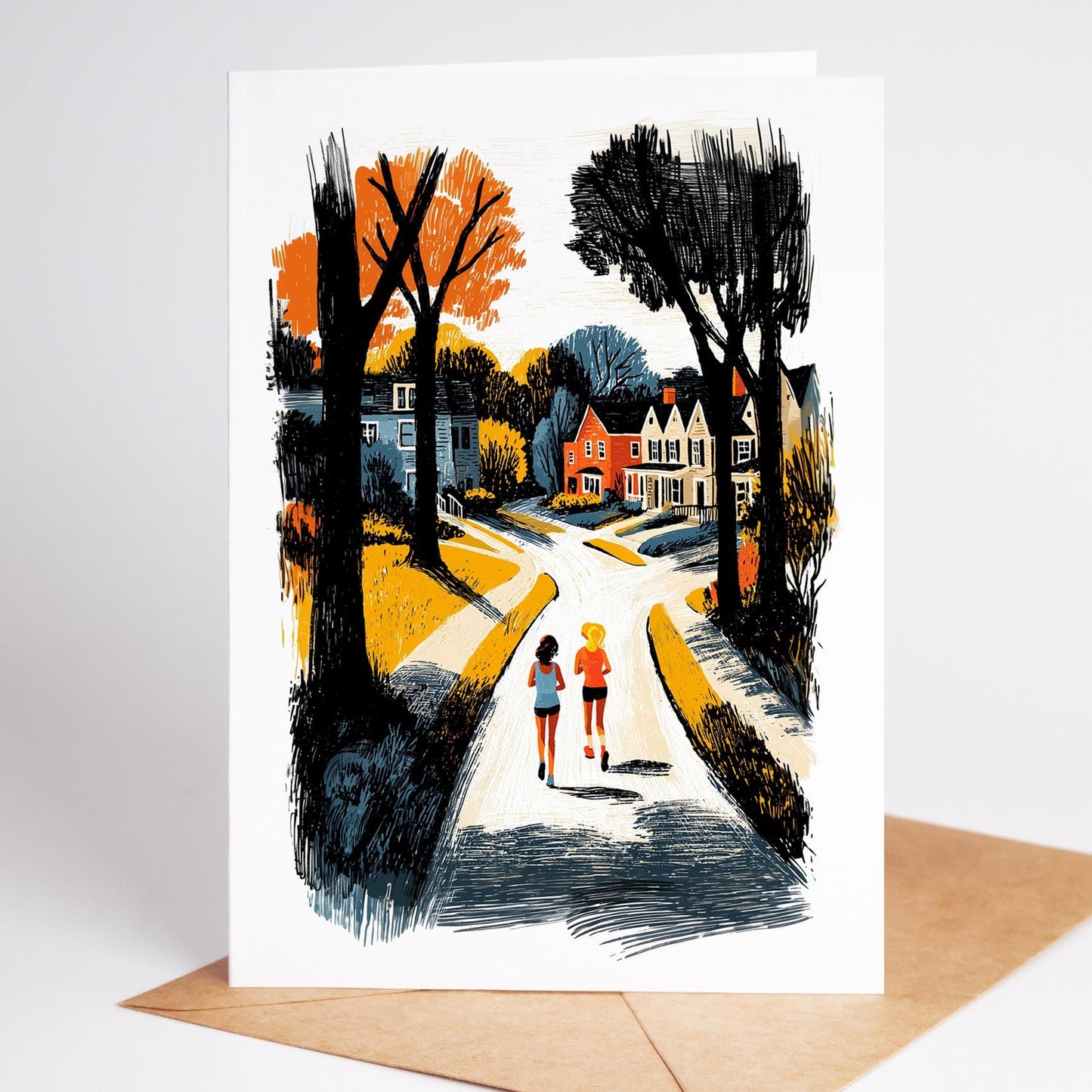 Female Runner folk-art greeting card, blank inside
