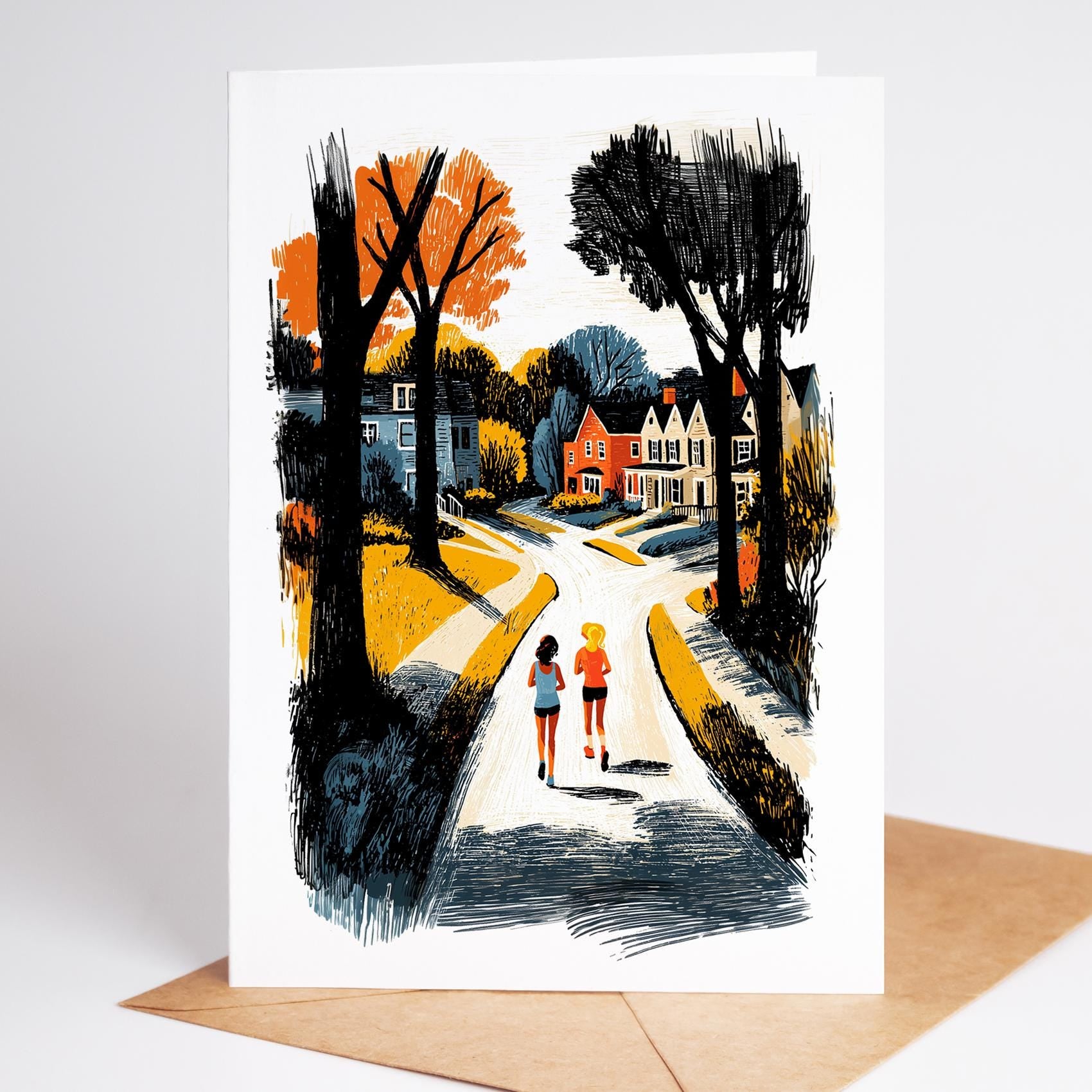 Female Runner folk-art greeting card, blank inside