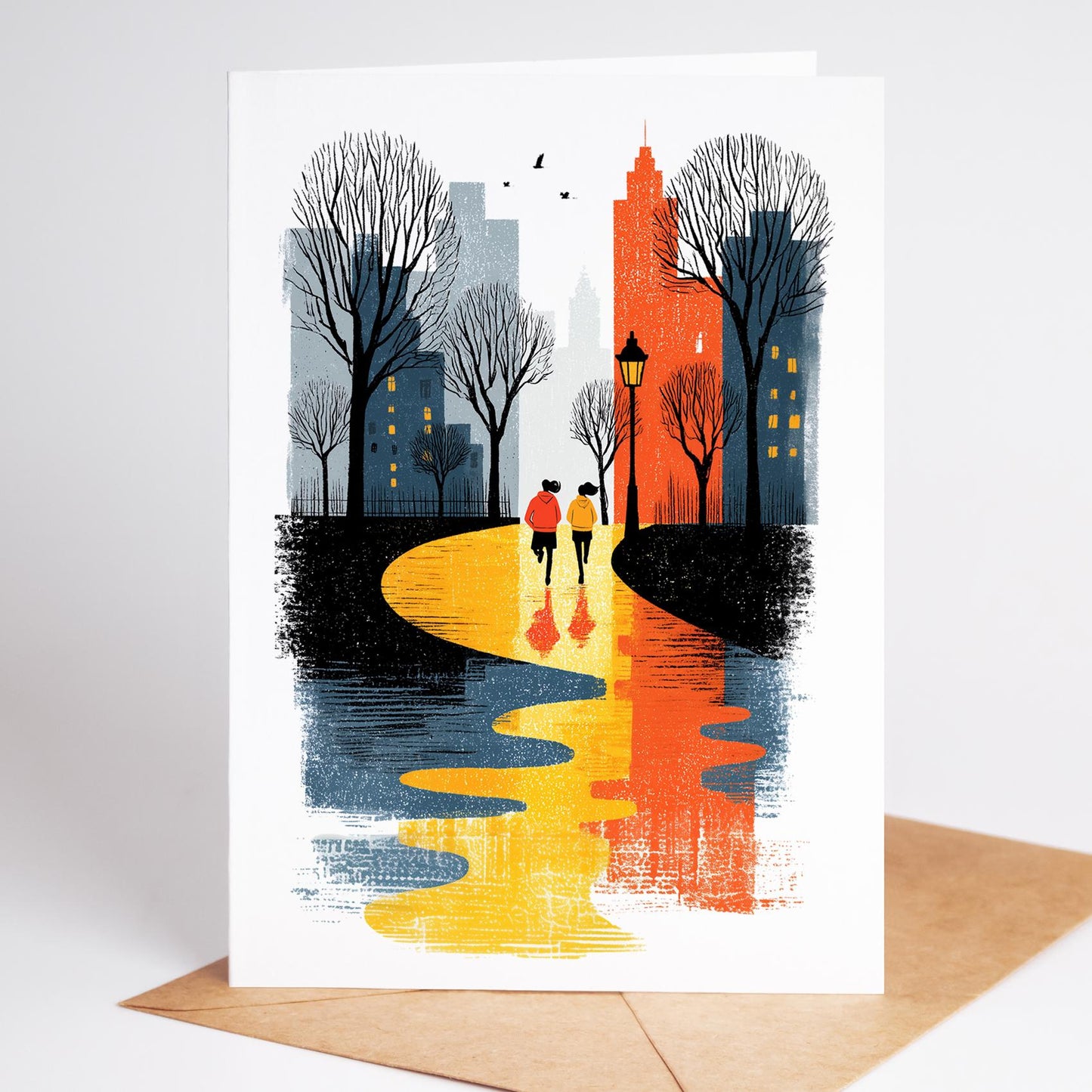 Female Runner folk-art greeting card, blank inside