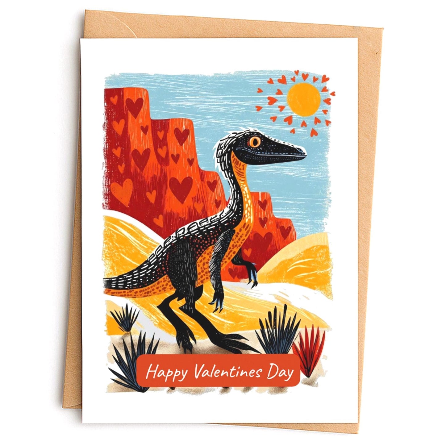 Dinosaur folk-art greeting card, blank inside
