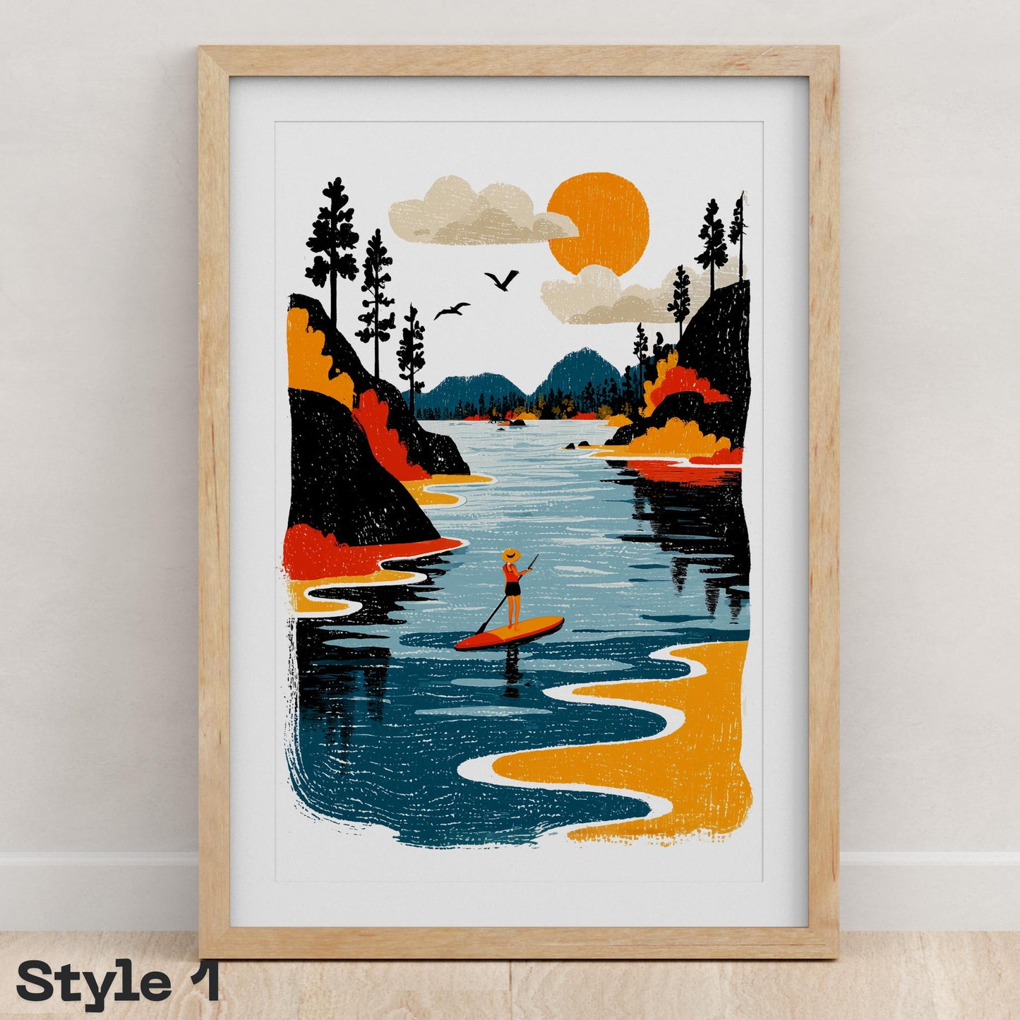 Paddle Board folk-art art print, blank inside