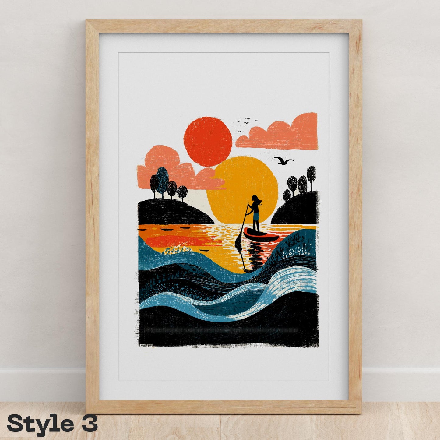 Paddle Board folk-art art print, blank inside