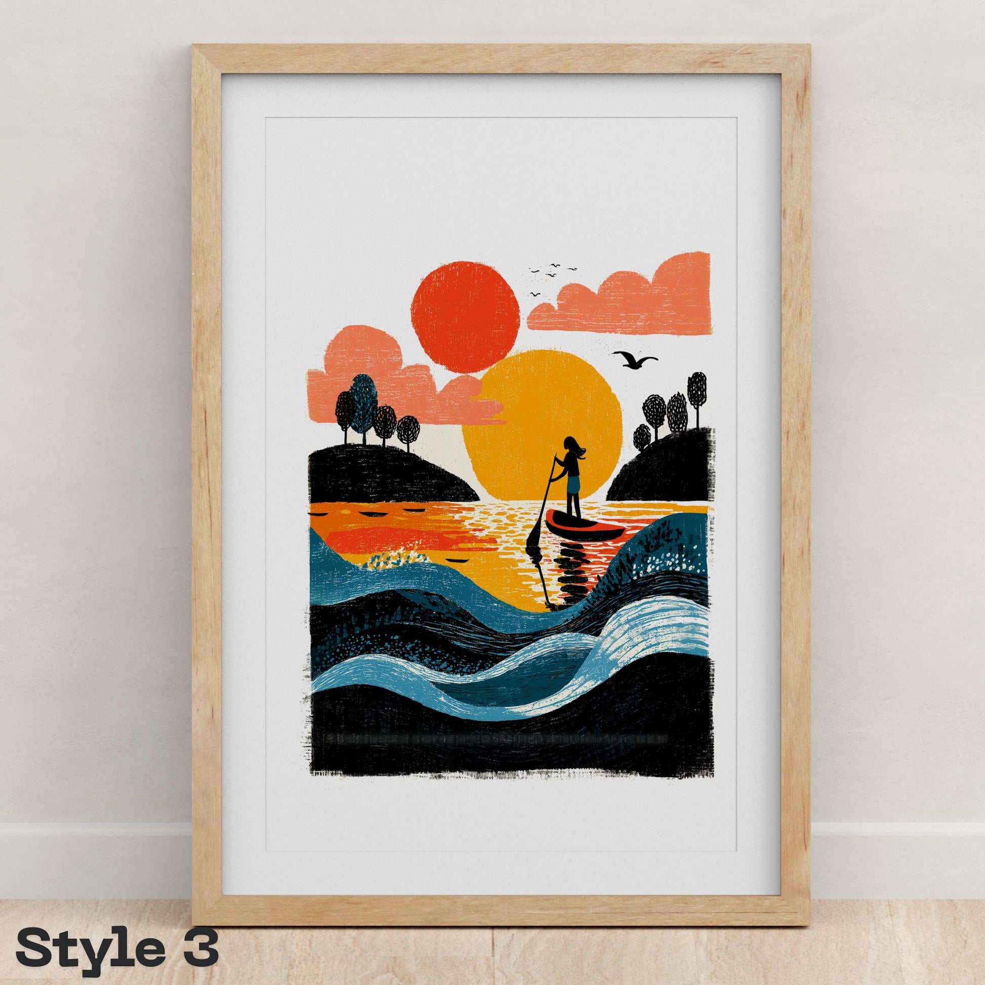 Paddle Board folk-art art print, blank inside