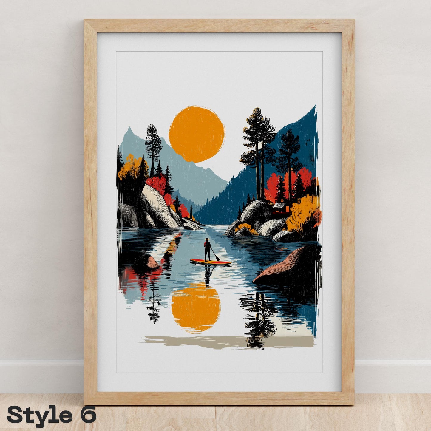 Paddle Board folk-art art print, blank inside