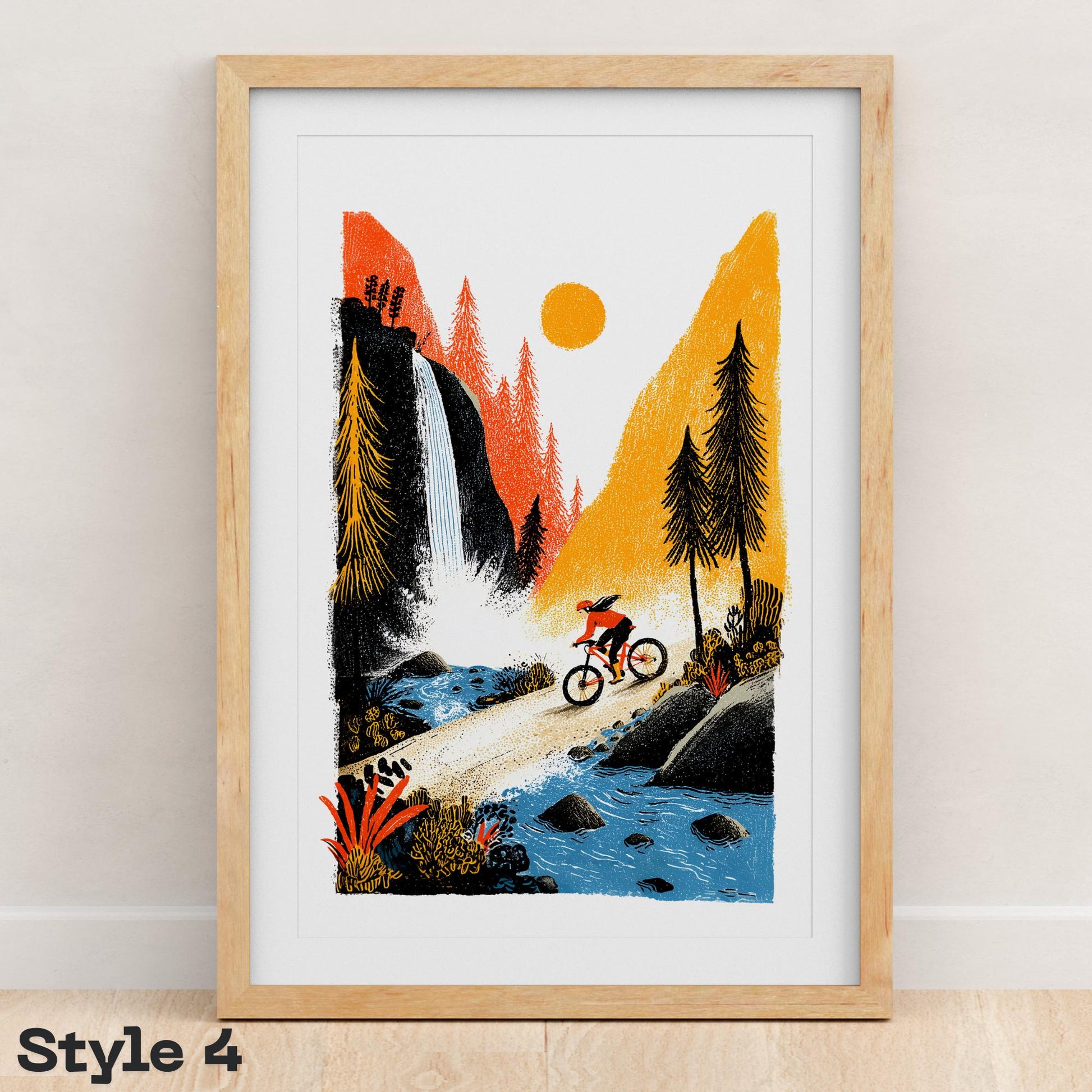 Female Mountain Bike folk-art art print, blank inside