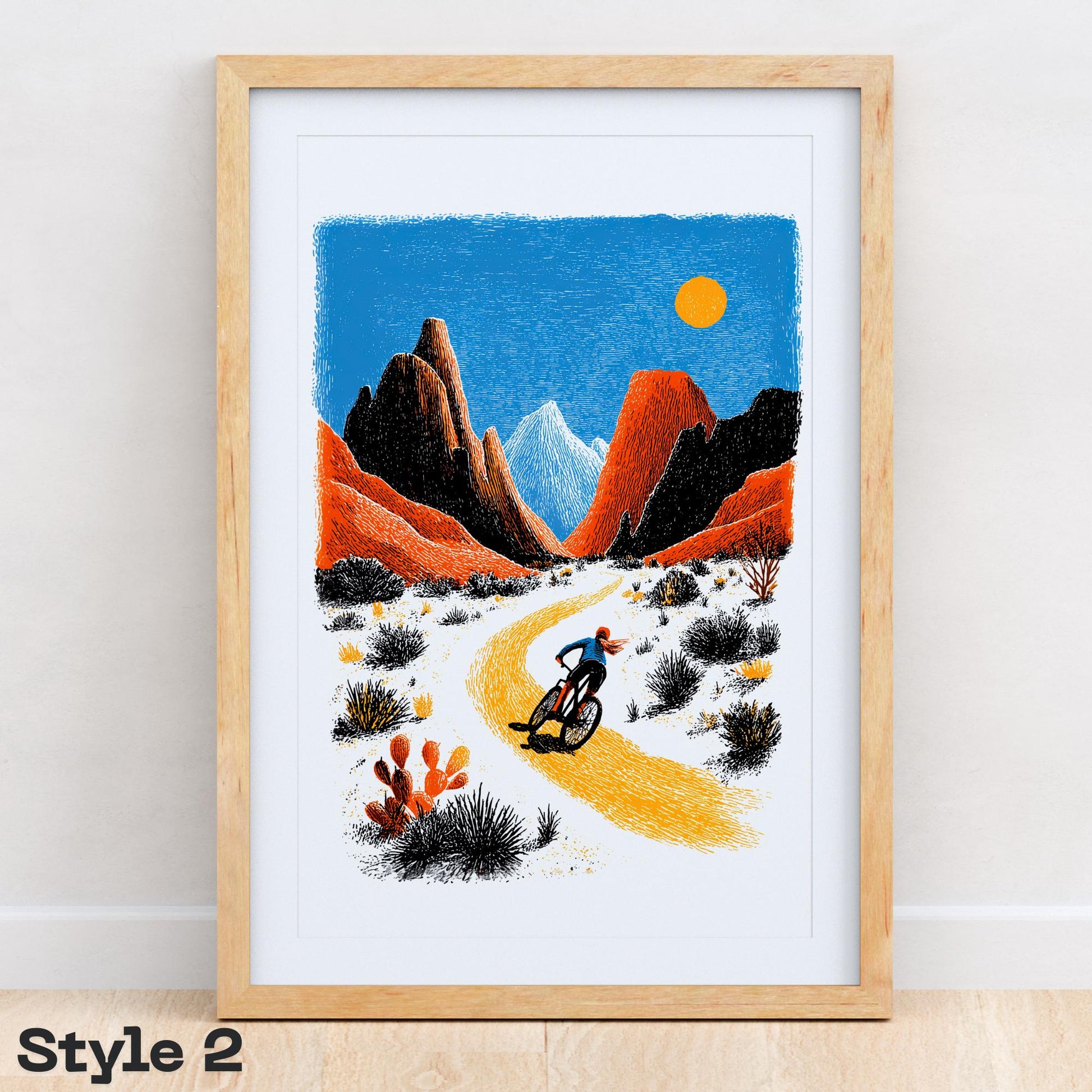 Female Mountain Bike folk-art art print, blank inside