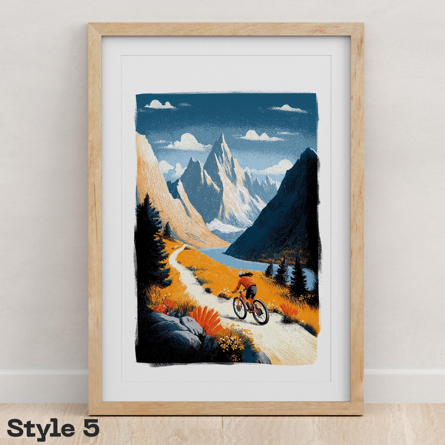 Female Mountain Bike folk-art art print, blank inside