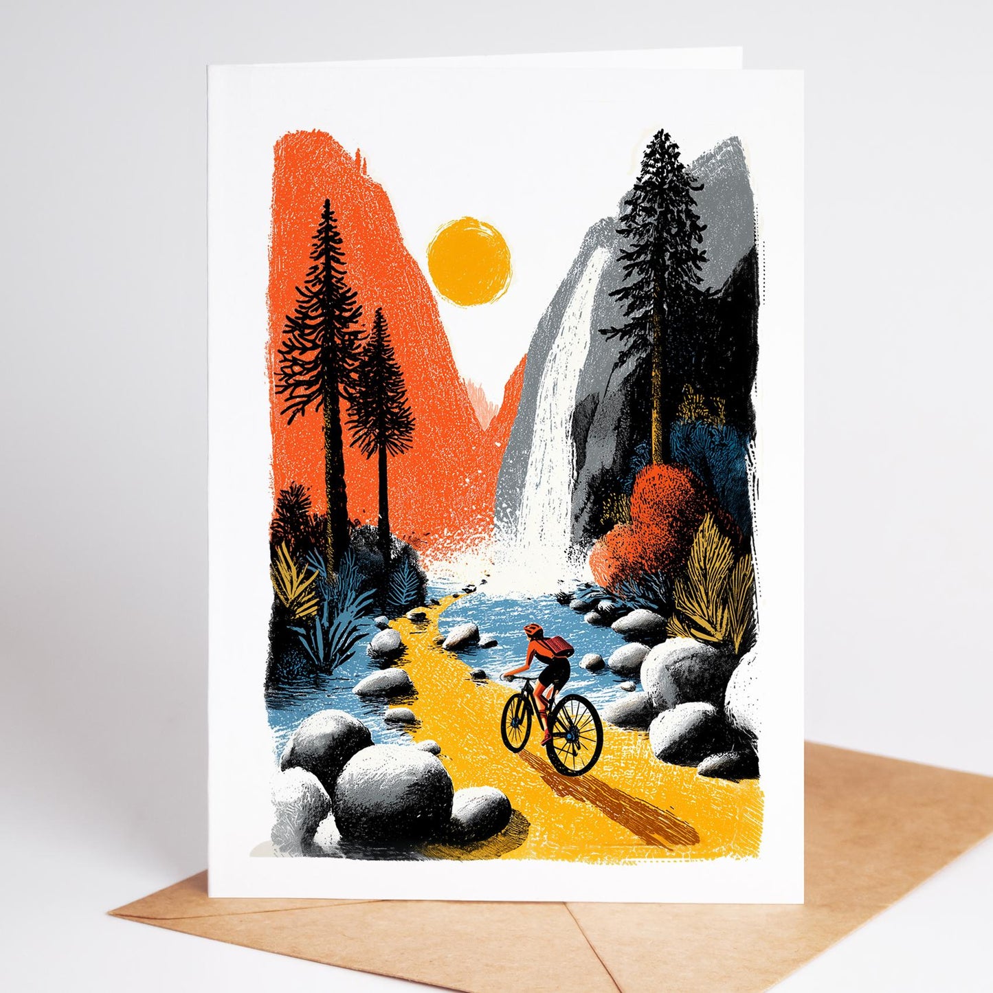 Female Mountain Biking folk-art greeting card, blank inside