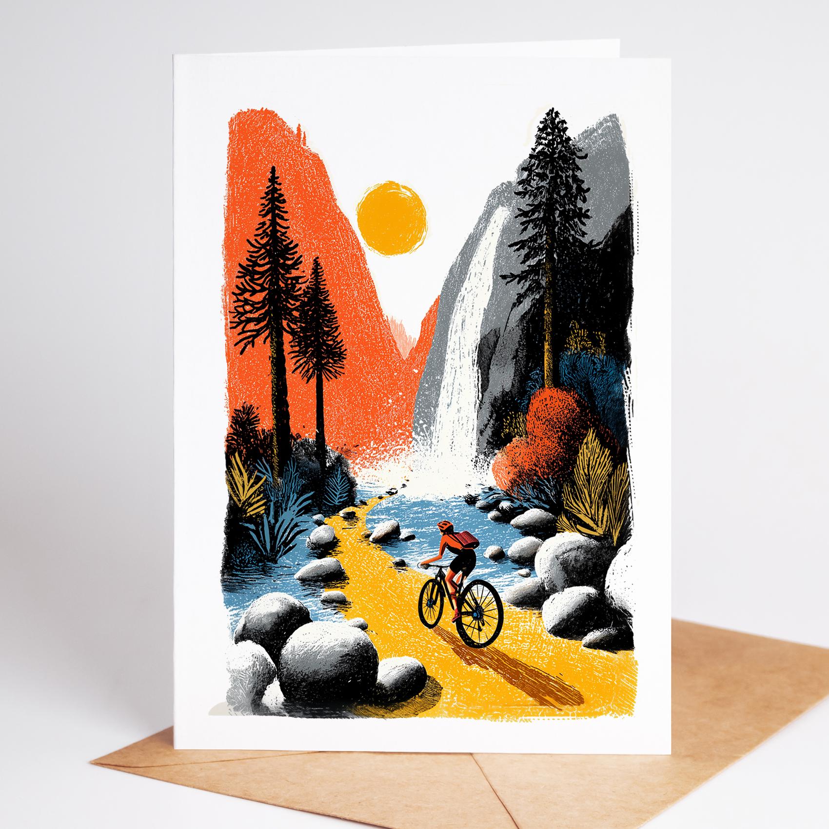 Female Mountain Biking folk-art greeting card, blank inside