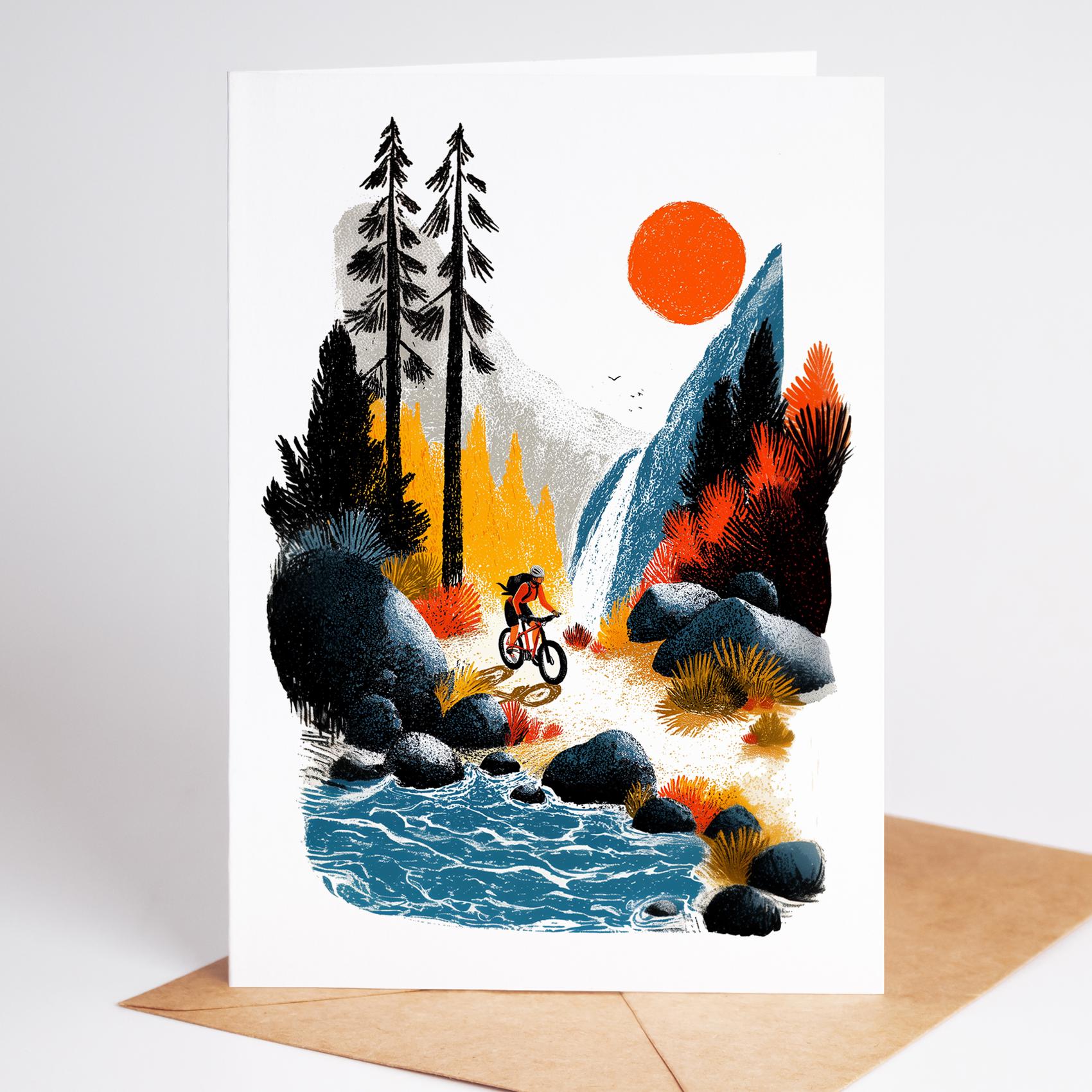 Female Mountain Biking folk-art greeting card, blank inside