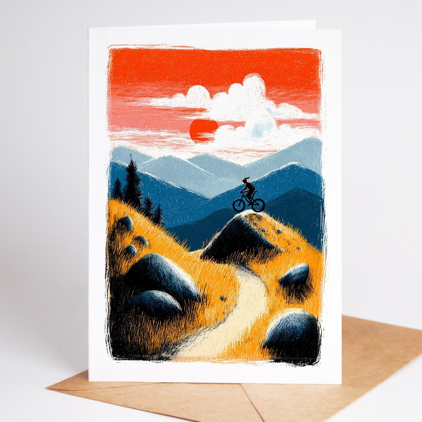 Female Mountain Biking folk-art greeting card, blank inside