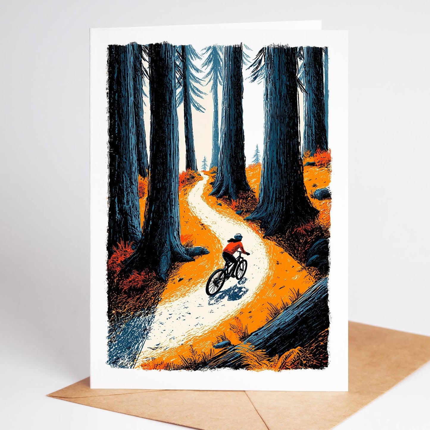Female Mountain Biking folk-art greeting card, blank inside