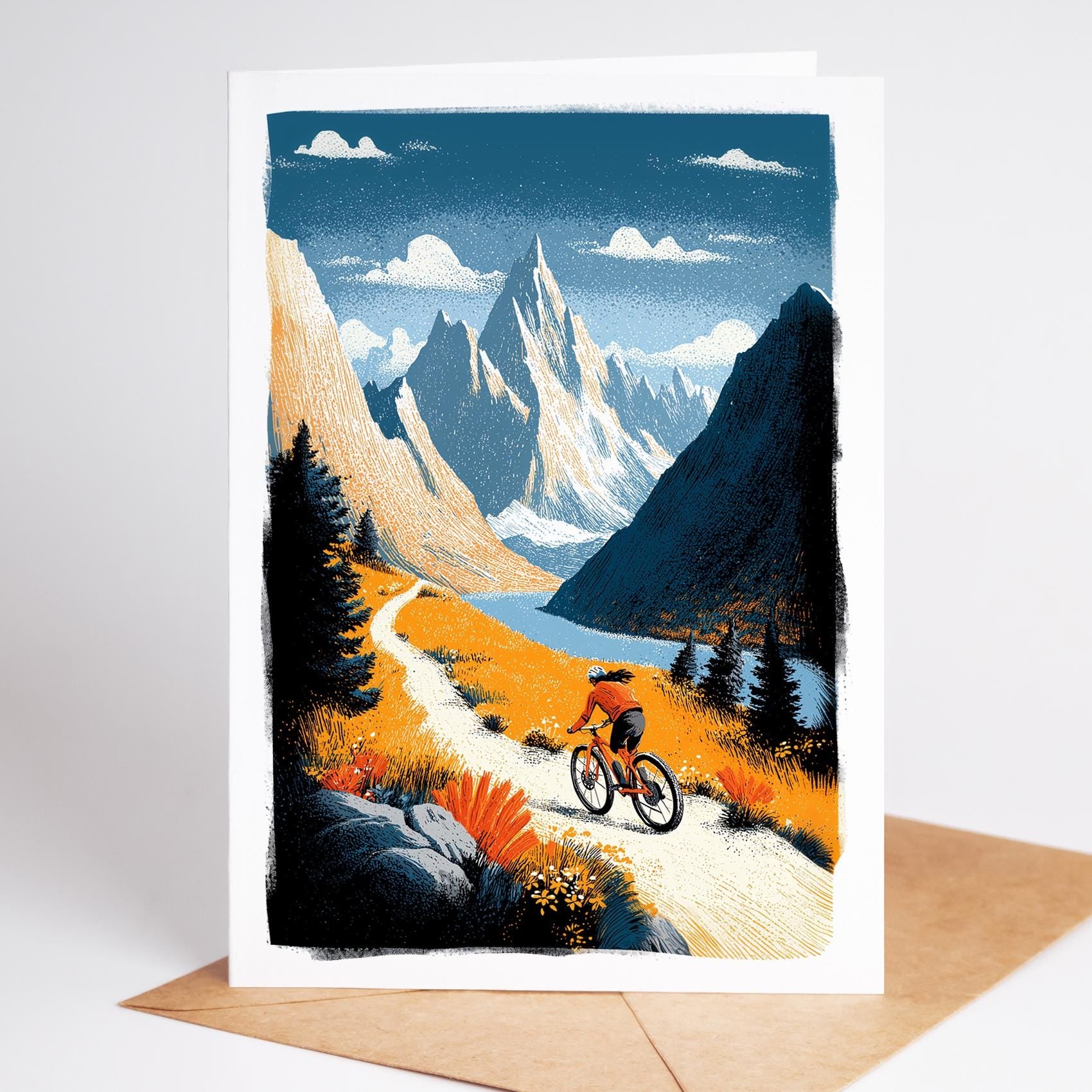 Female Mountain Biking folk-art greeting card, blank inside