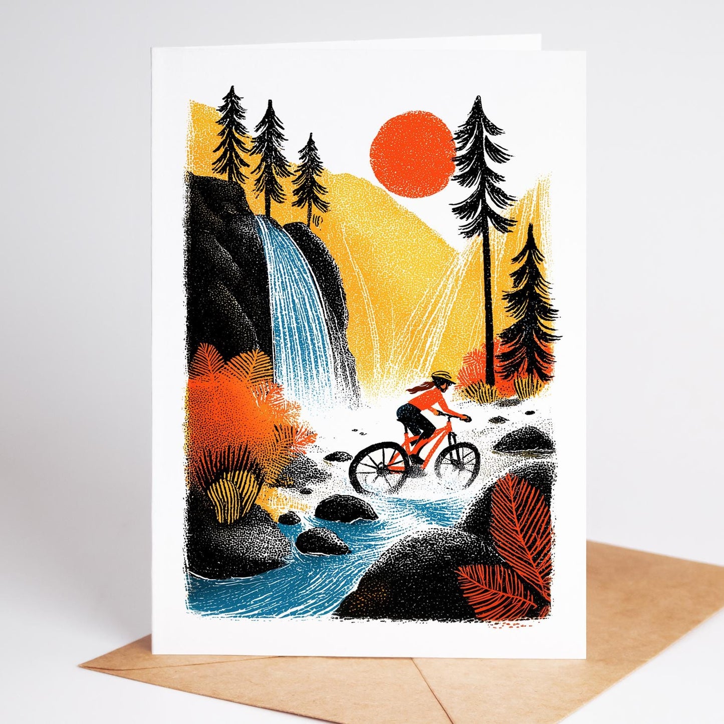 Female Mountain Biking folk-art greeting card, blank inside