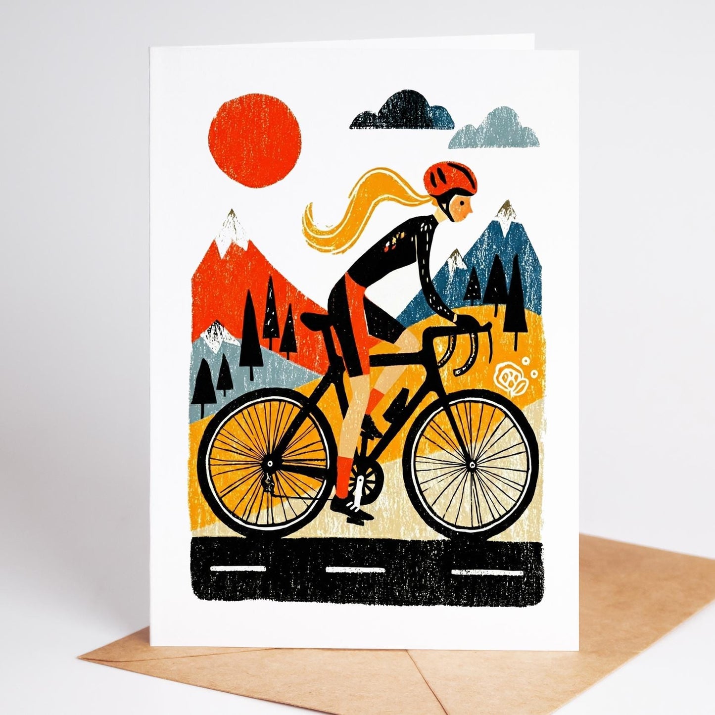 Cycling folk-art greeting card, blank inside