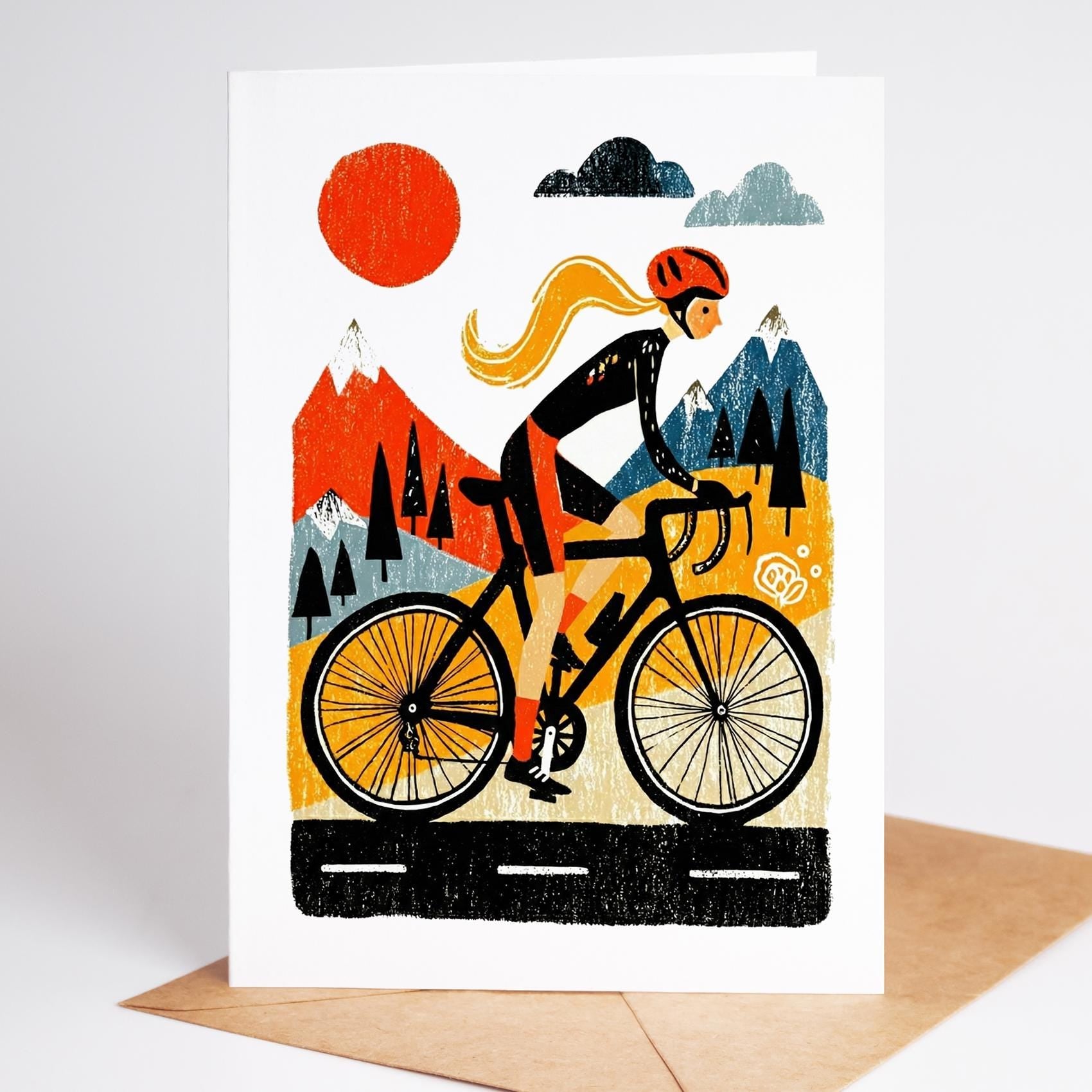 Cycling folk-art greeting card, blank inside