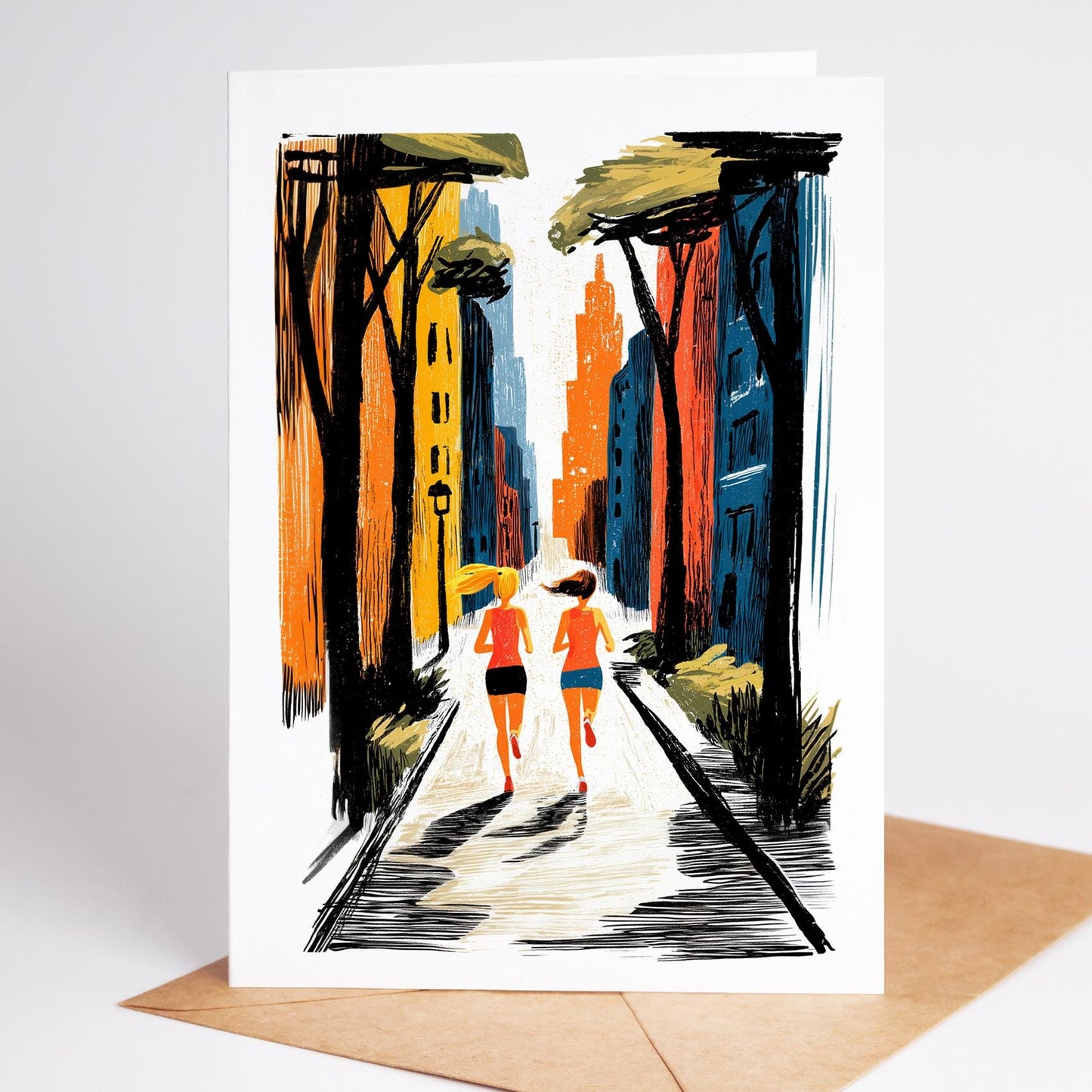 Female Runner folk-art greeting card, blank inside