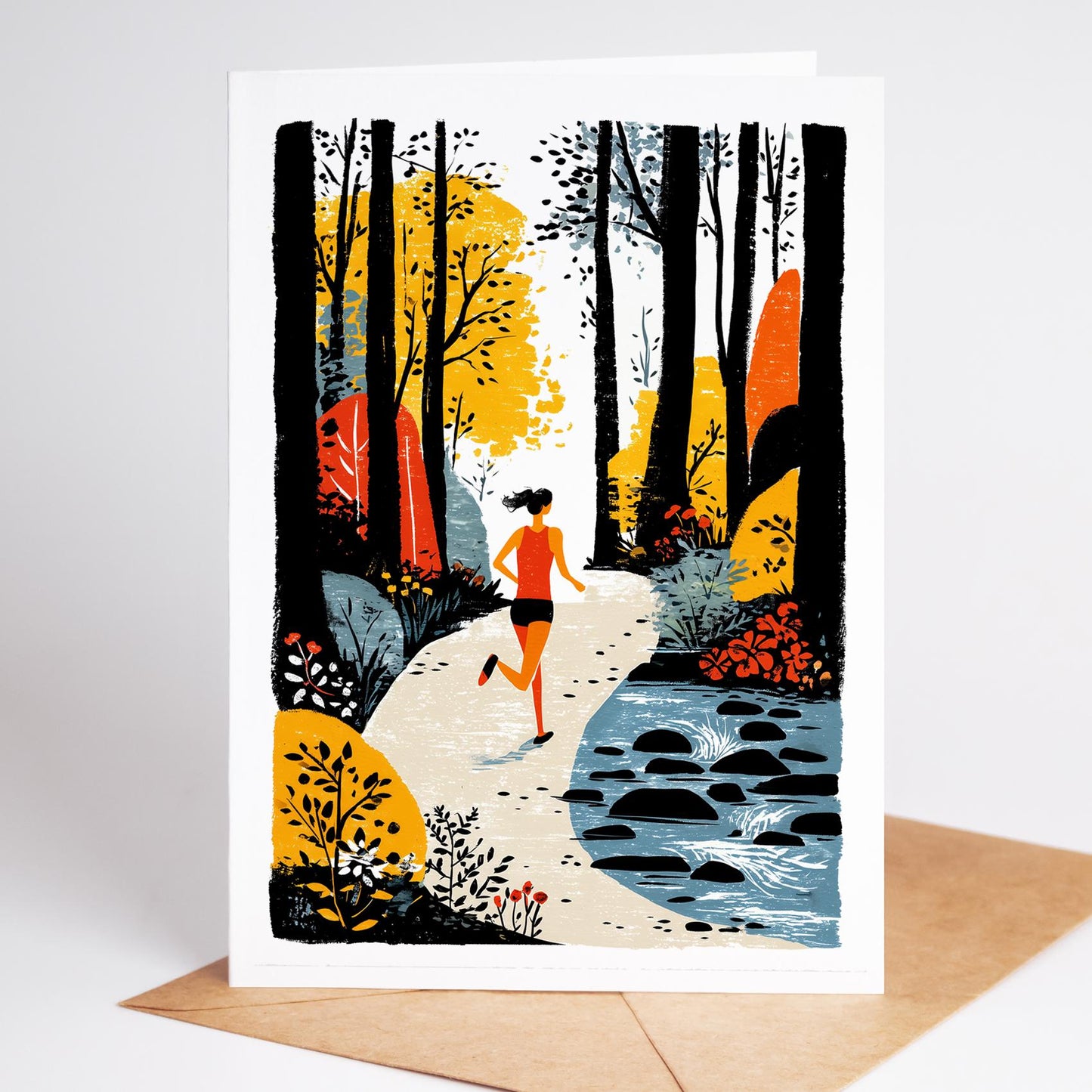 Female Runner folk-art greeting card, blank inside