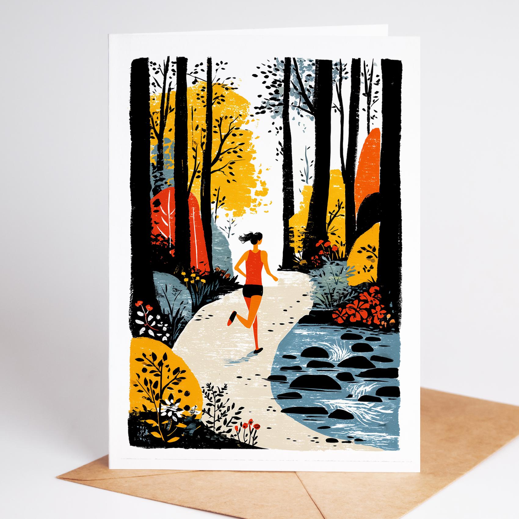 Female Runner folk-art greeting card, blank inside